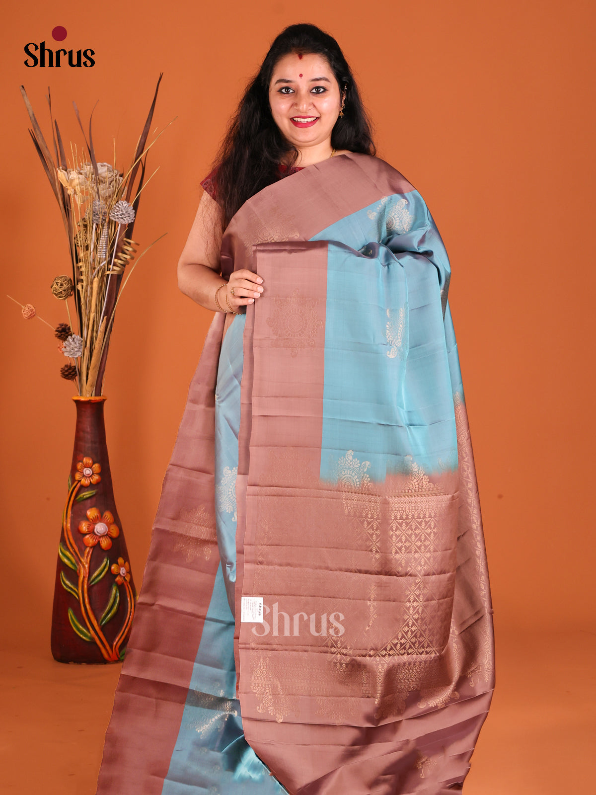 Blue & Brown Softsilk-halfpure Saree with zari floral motifs
