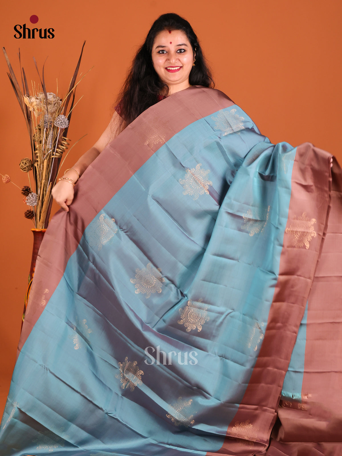 Blue & Brown Softsilk-halfpure Saree with zari floral motifs