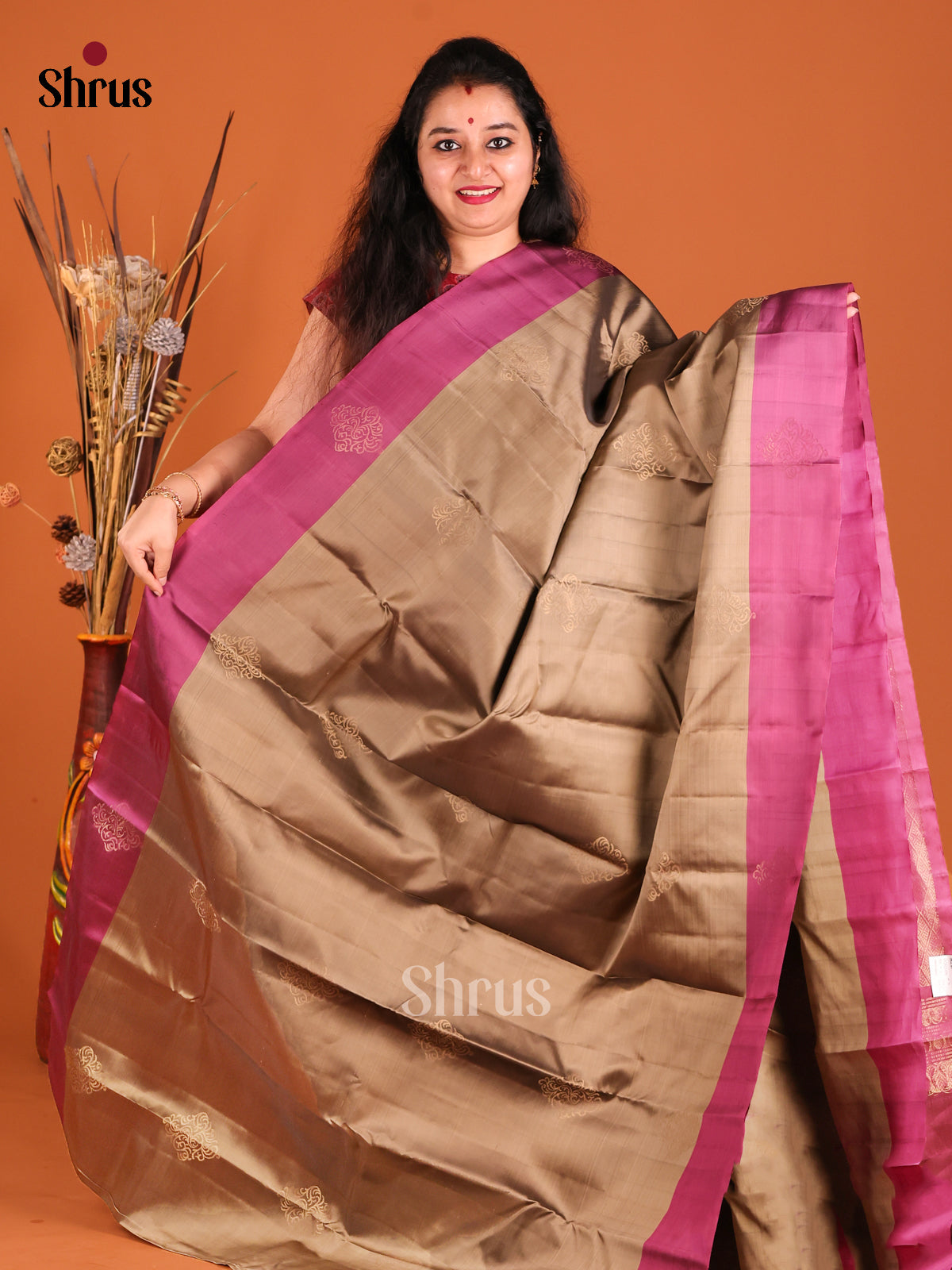 Brown & Purple Softsilk-halfpure Saree with zari brocade pallu