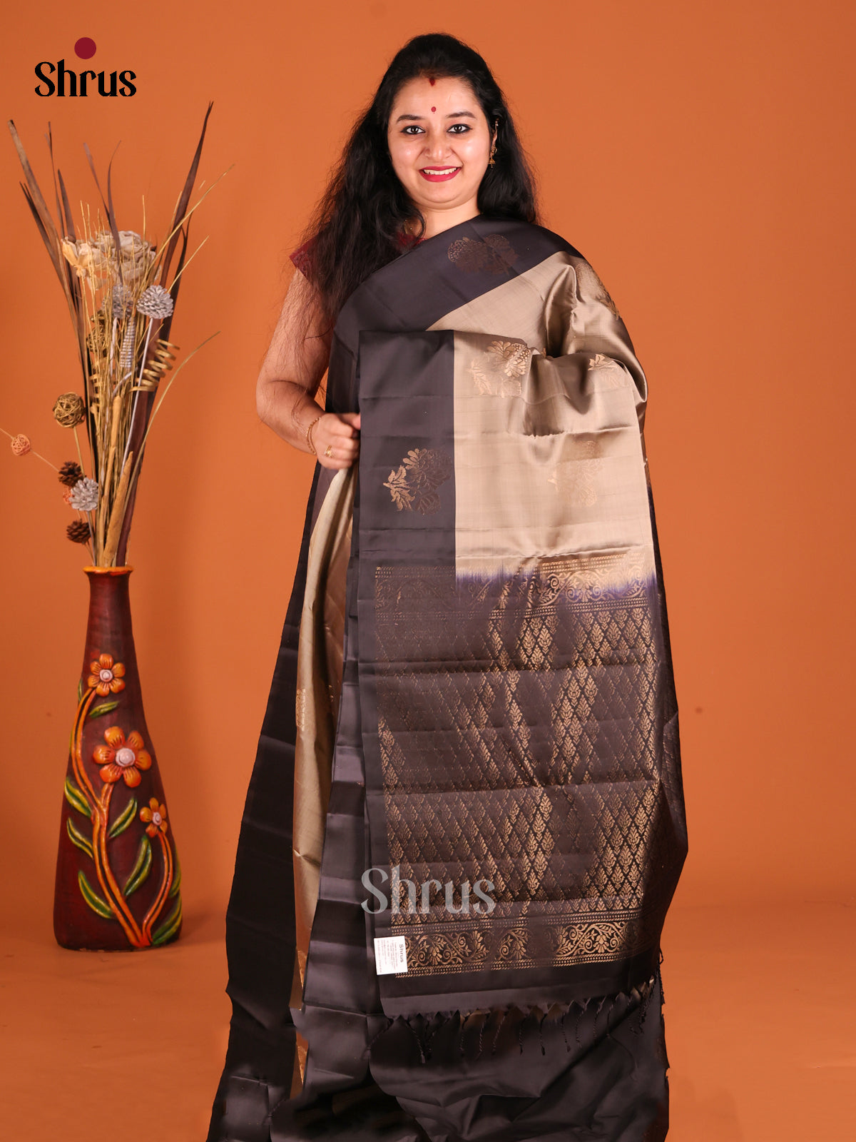 Grey & Black Softsilk-halfpure Saree with gold zari floral motifs
