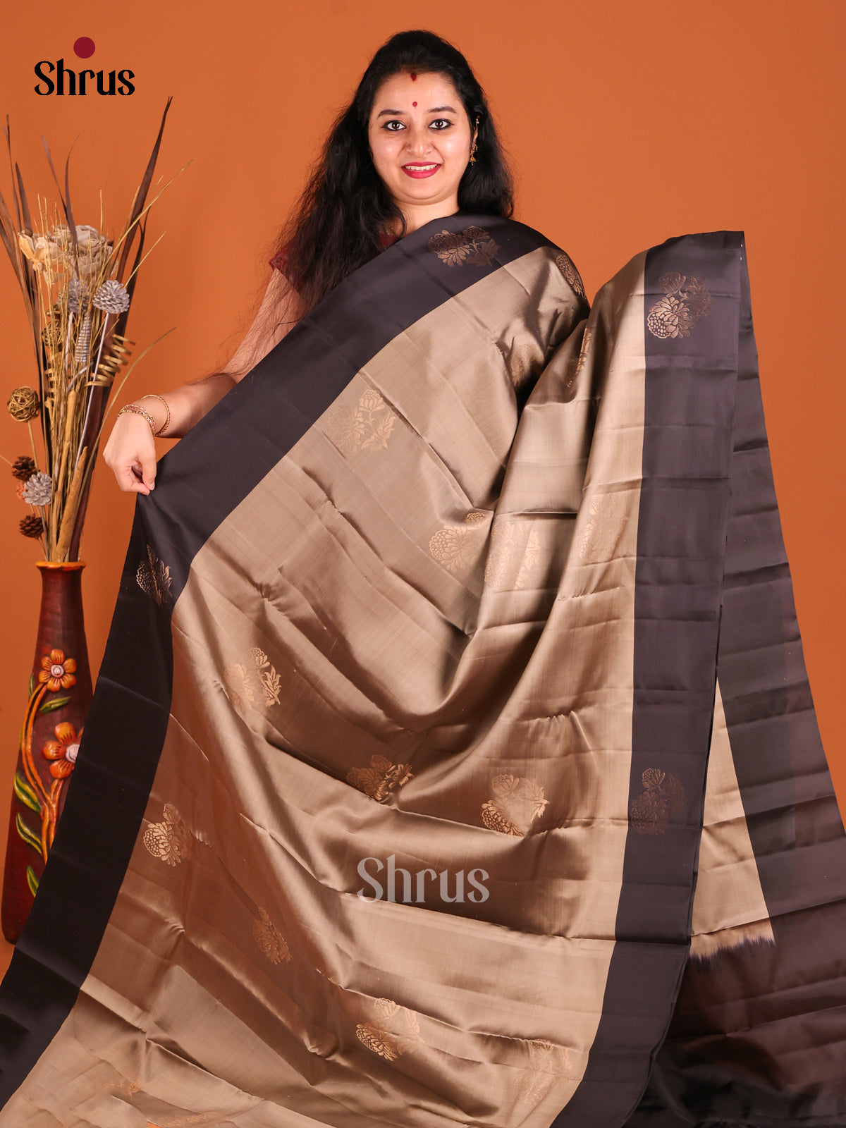 Grey & Black Softsilk-halfpure Saree with gold zari floral motifs