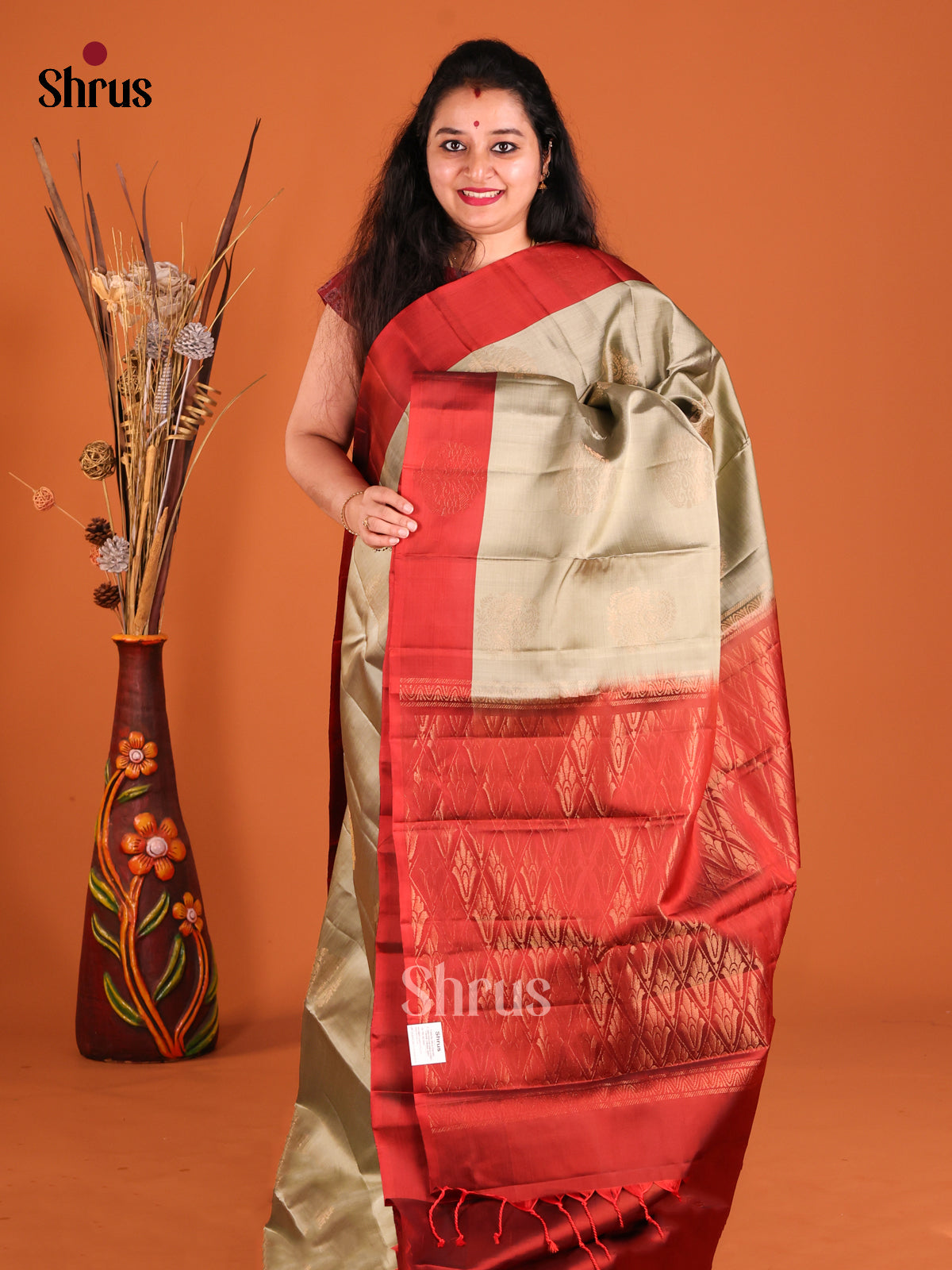 Grey & Maroon Softsilk-halfpure Saree with contrast zari brocade pallu
