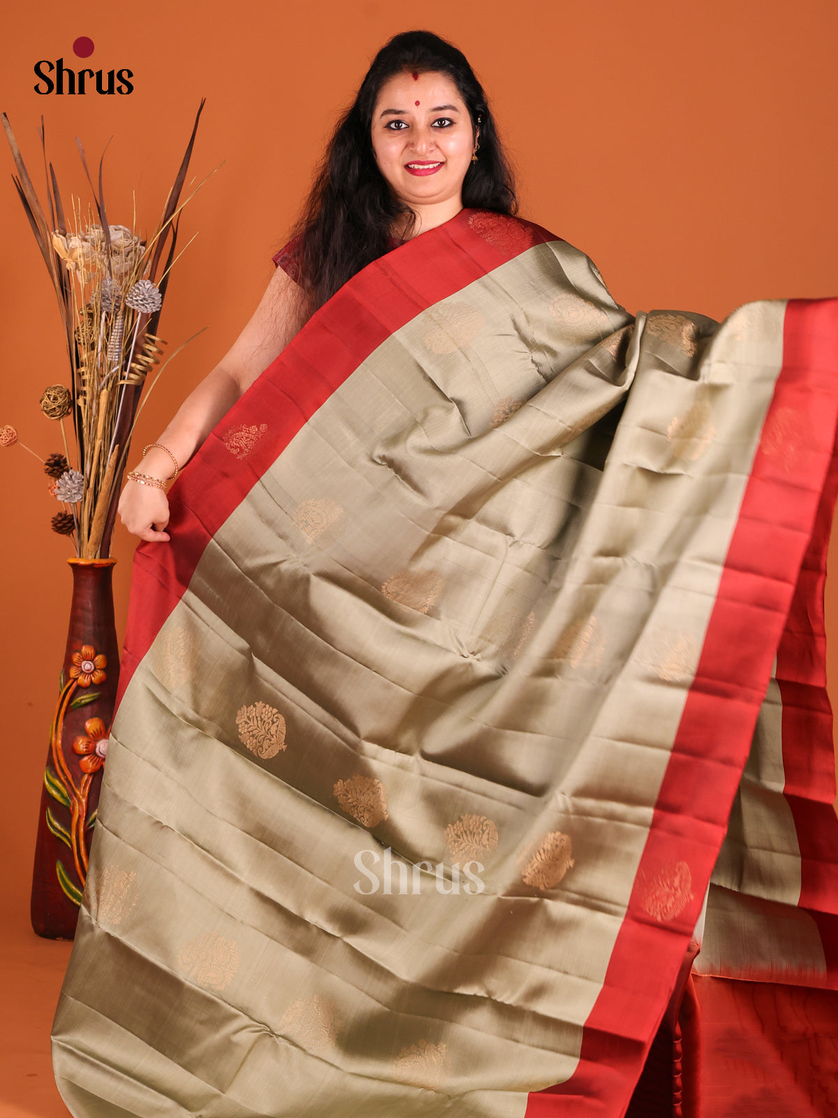 Grey & Maroon Softsilk-halfpure Saree with contrast zari brocade pallu