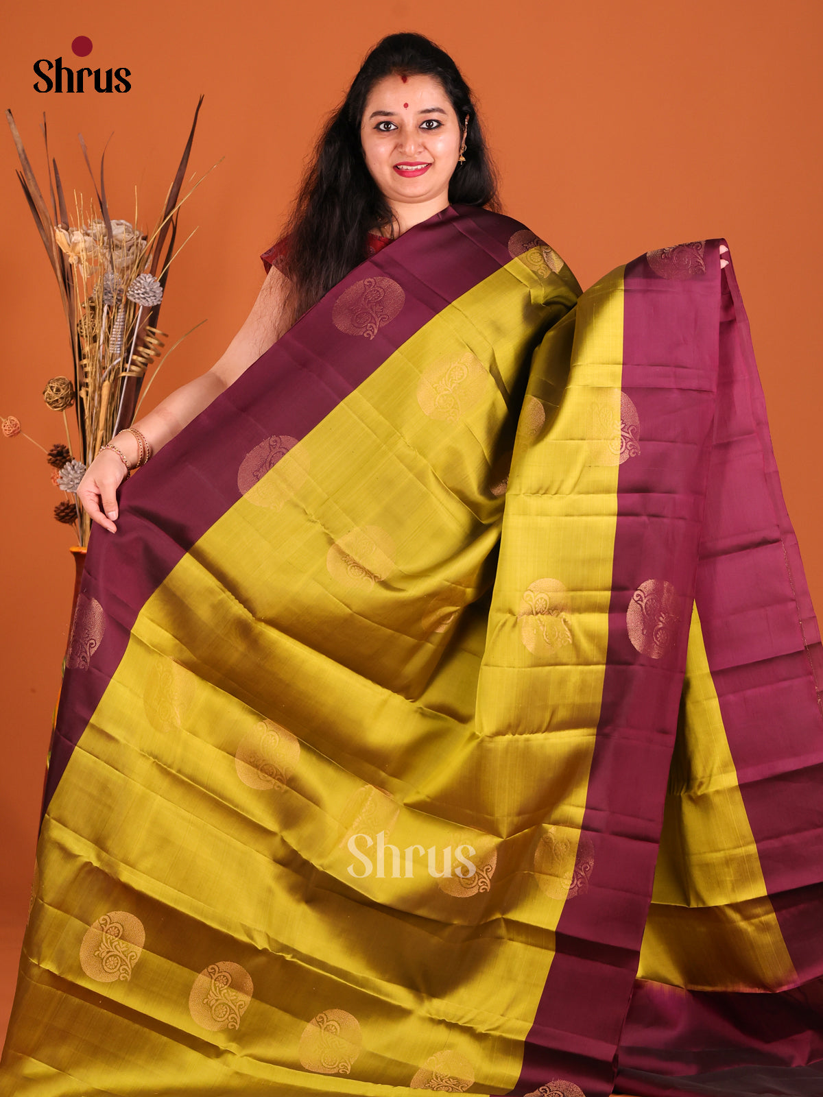 Mathulir Green & Maroon Softsilk-halfpure Saree with zari round motifs
