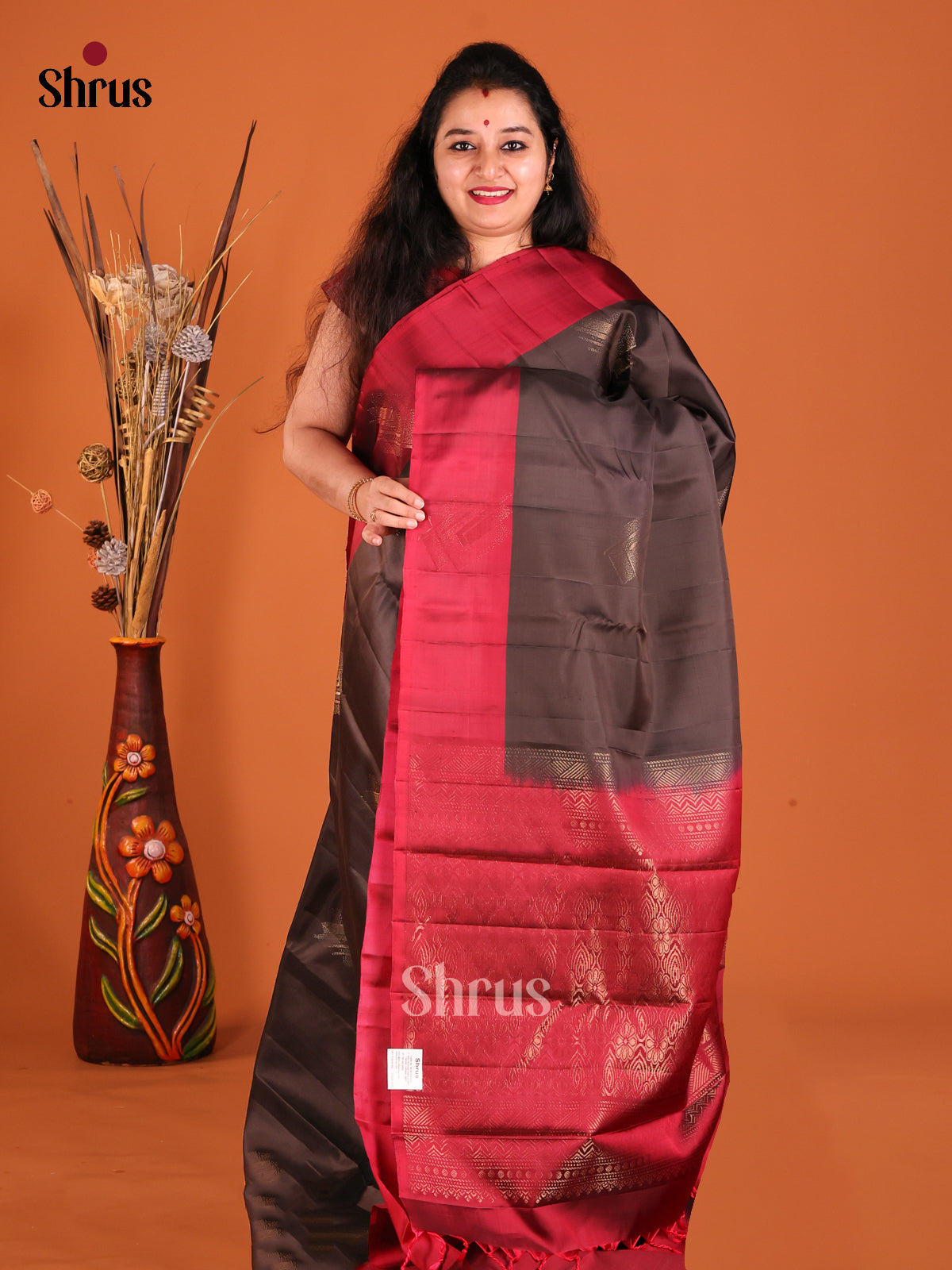 Black & Maroon Softsilk-halfpure Saree with contrast zari brocade pallu