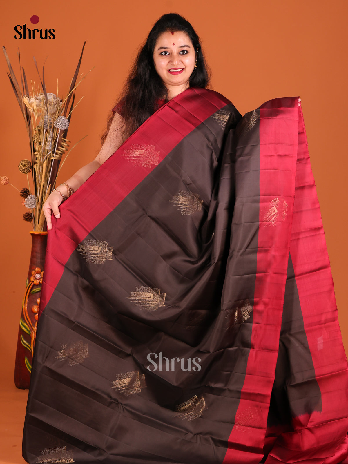 Black & Maroon Softsilk-halfpure Saree with contrast zari brocade pallu