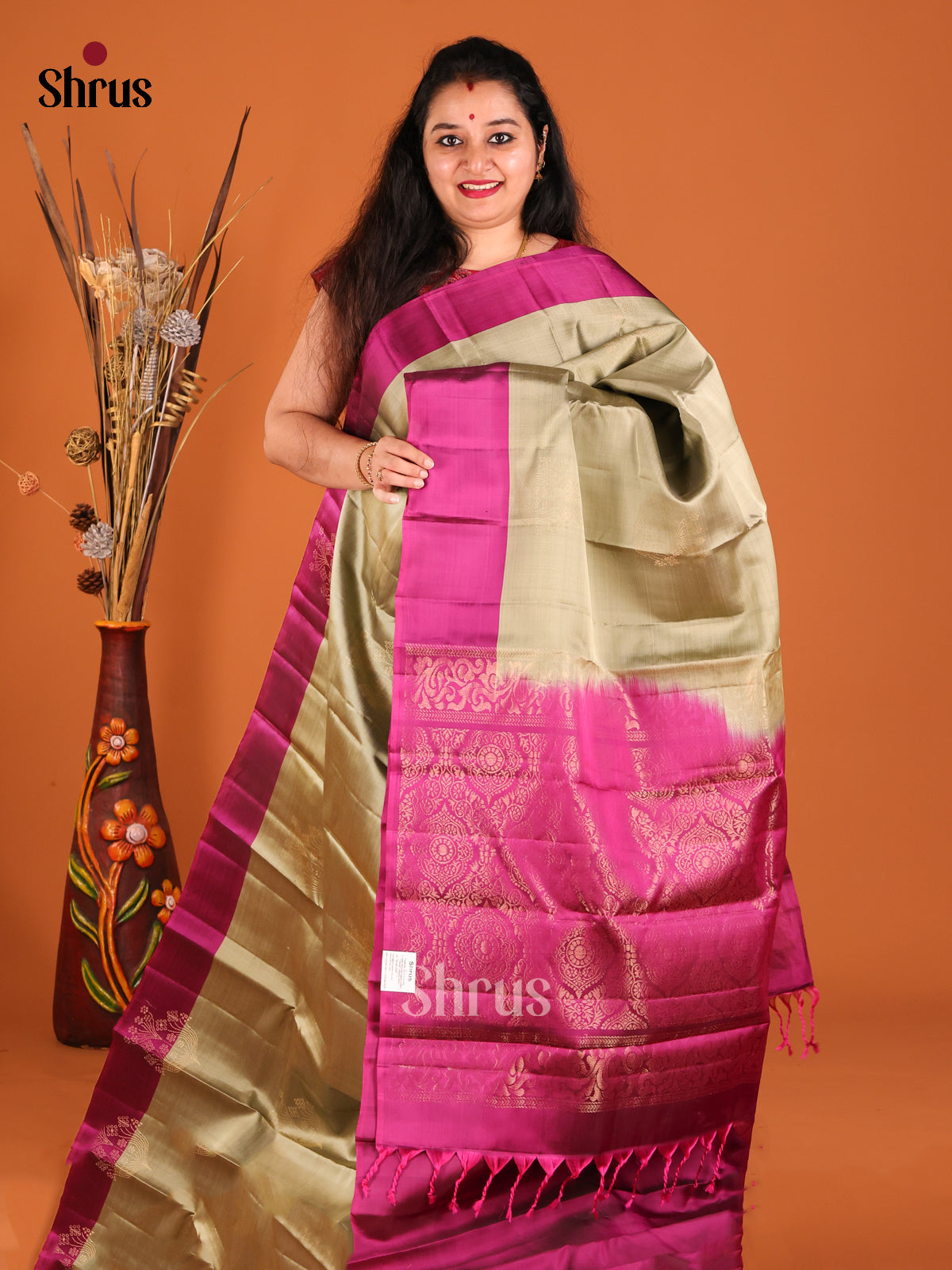 Grey & purple Softsilk-halfpure Saree with contrast zari brocade pallu