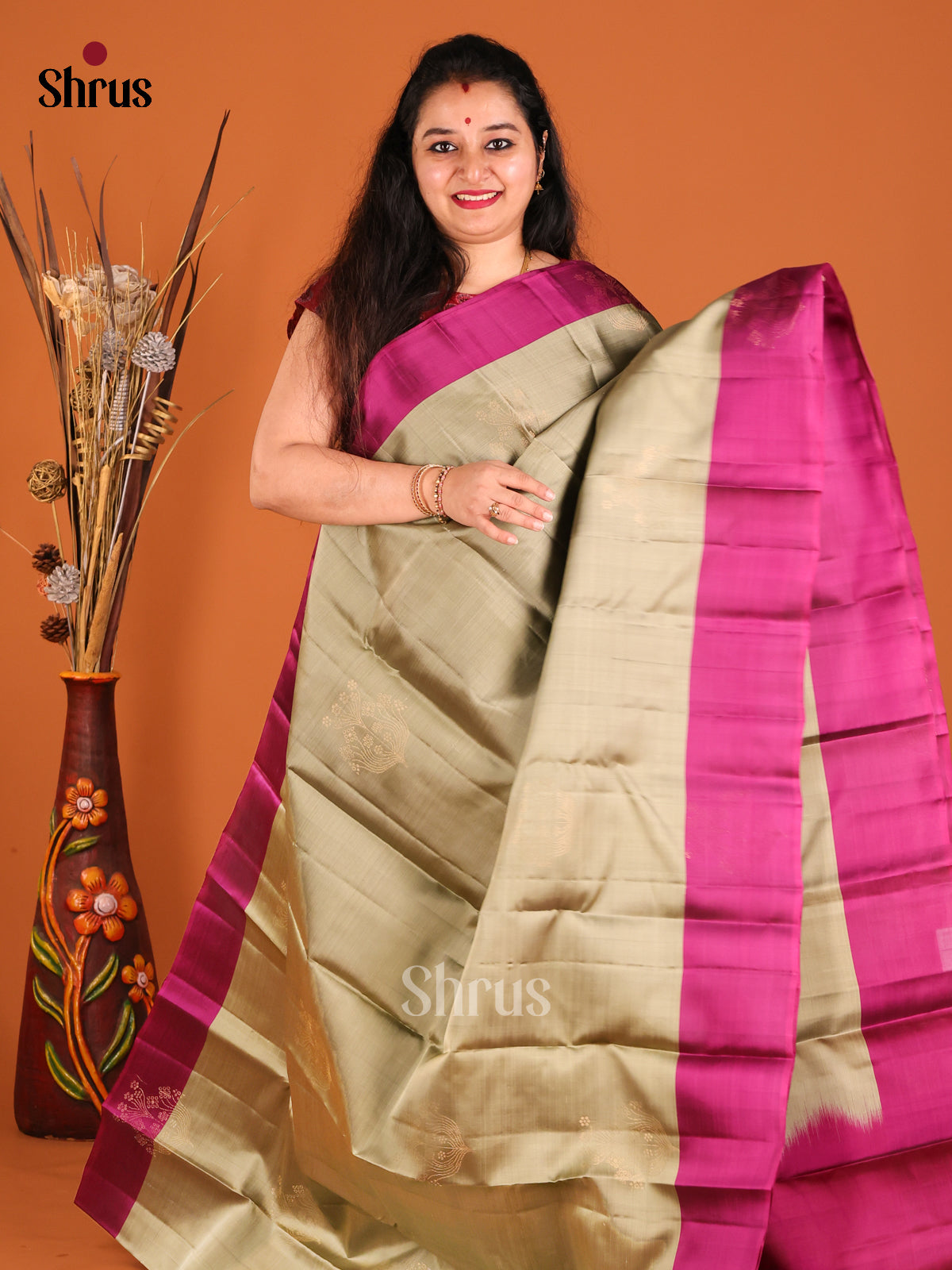 Grey & purple Softsilk-halfpure Saree with contrast zari brocade pallu