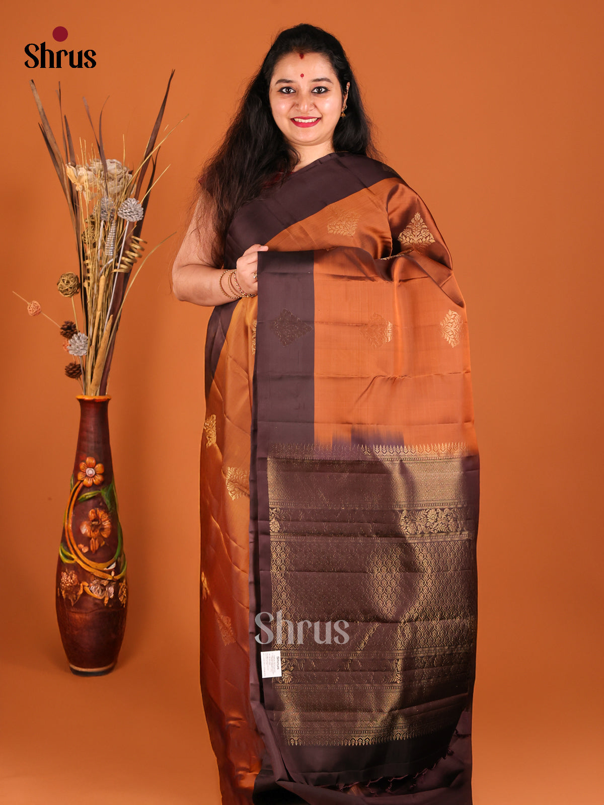 Rust & Brown Softsilk-halfpure Saree with gold zari floral motifs