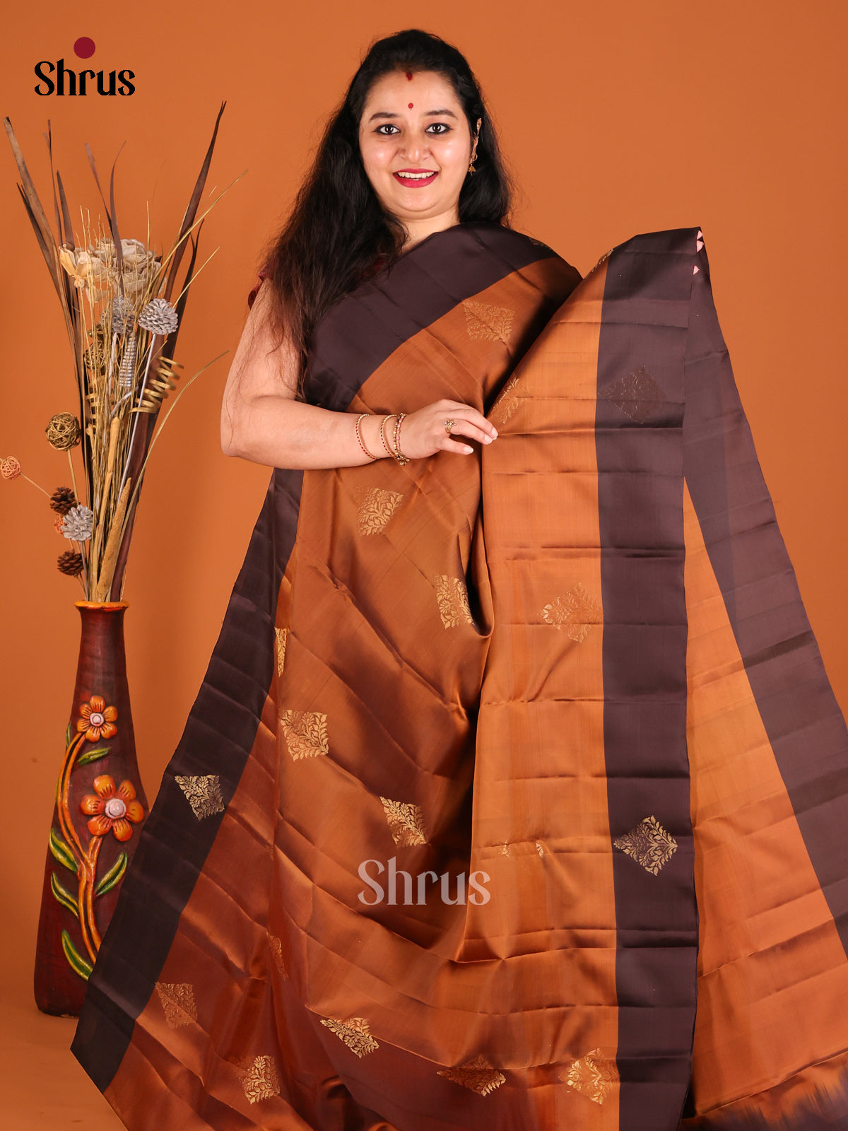 Rust & Brown Softsilk-halfpure Saree with gold zari floral motifs