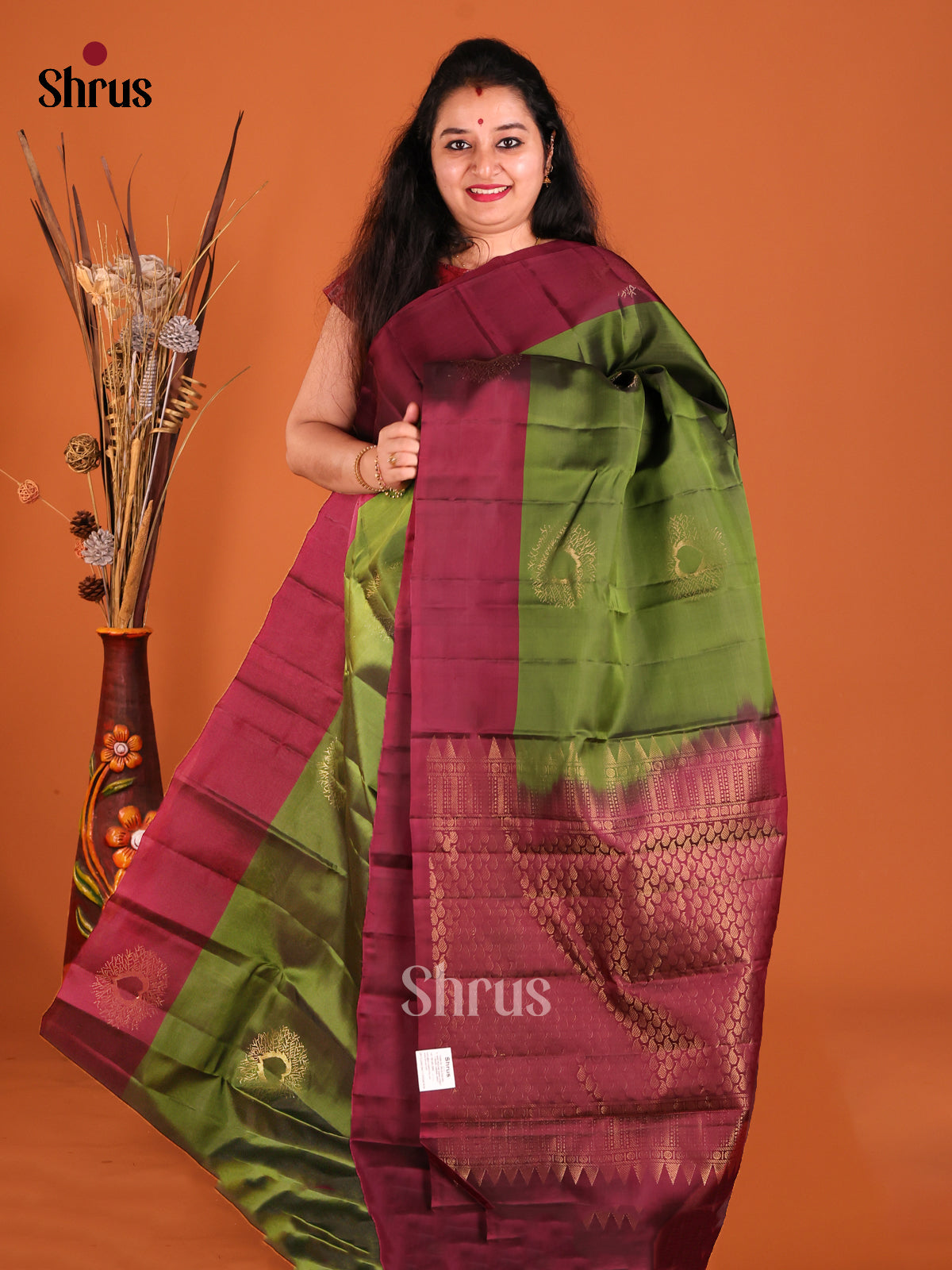 Green & Maroon Softsilk-halfpure Saree with contrast zari brocade pallu