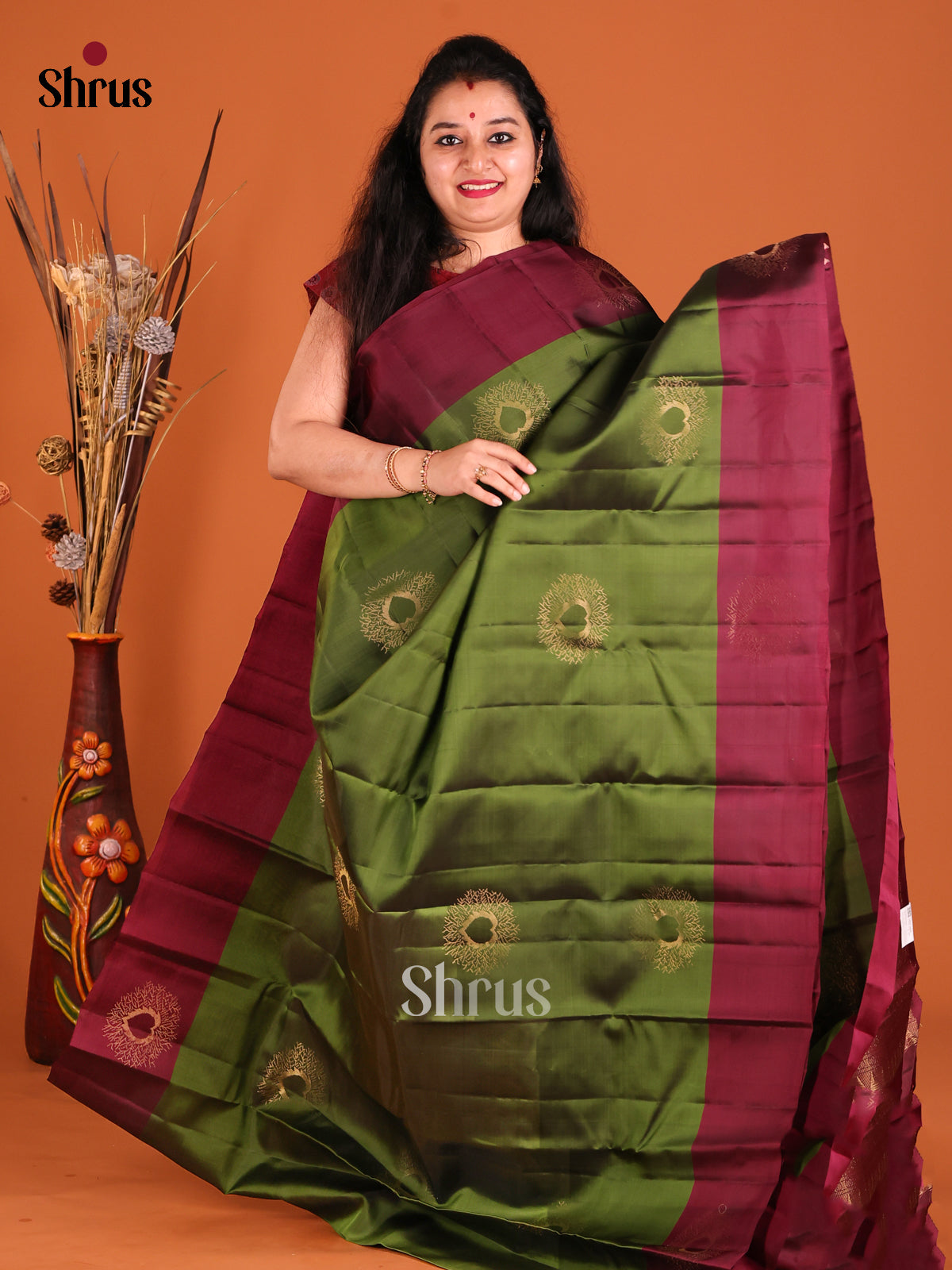 Green & Maroon Softsilk-halfpure Saree with contrast zari brocade pallu