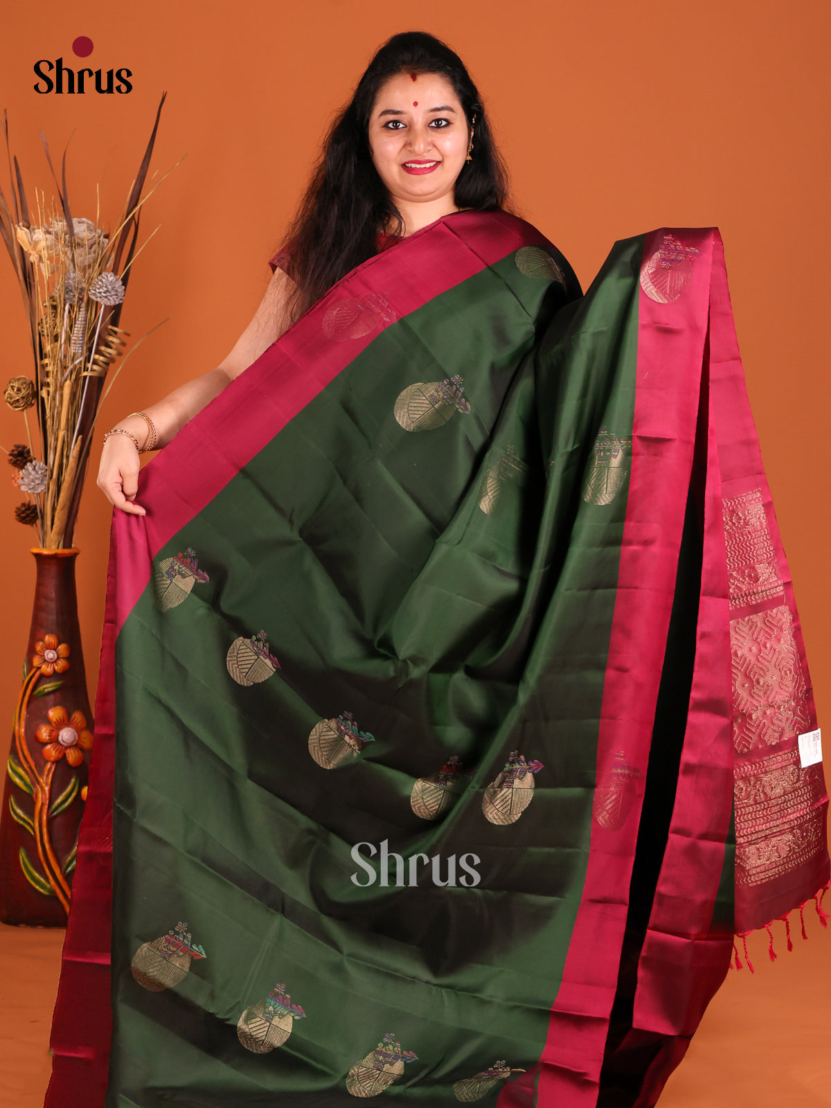 Green & Maroon Softsilk-halfpure Saree with brocade pallu
