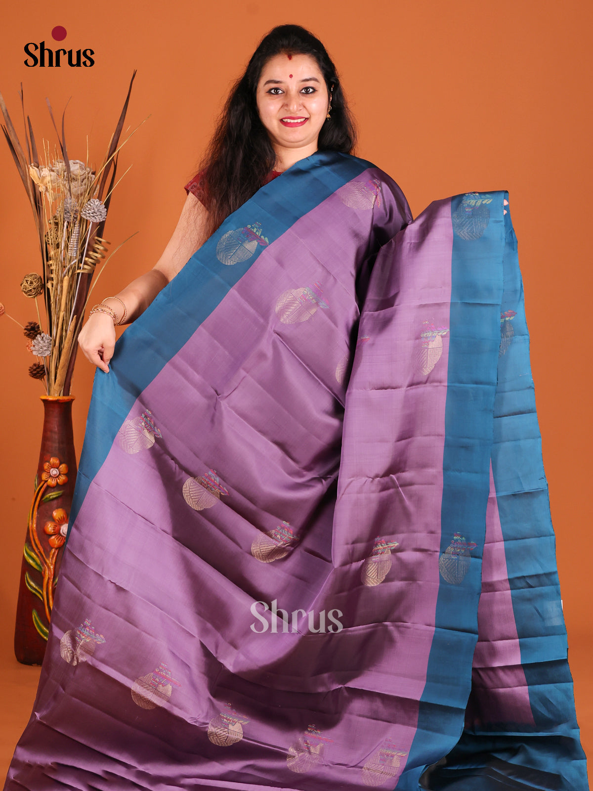 Lavender & Blue Softsilk-halfpure Saree with contrast Brocade pallu
