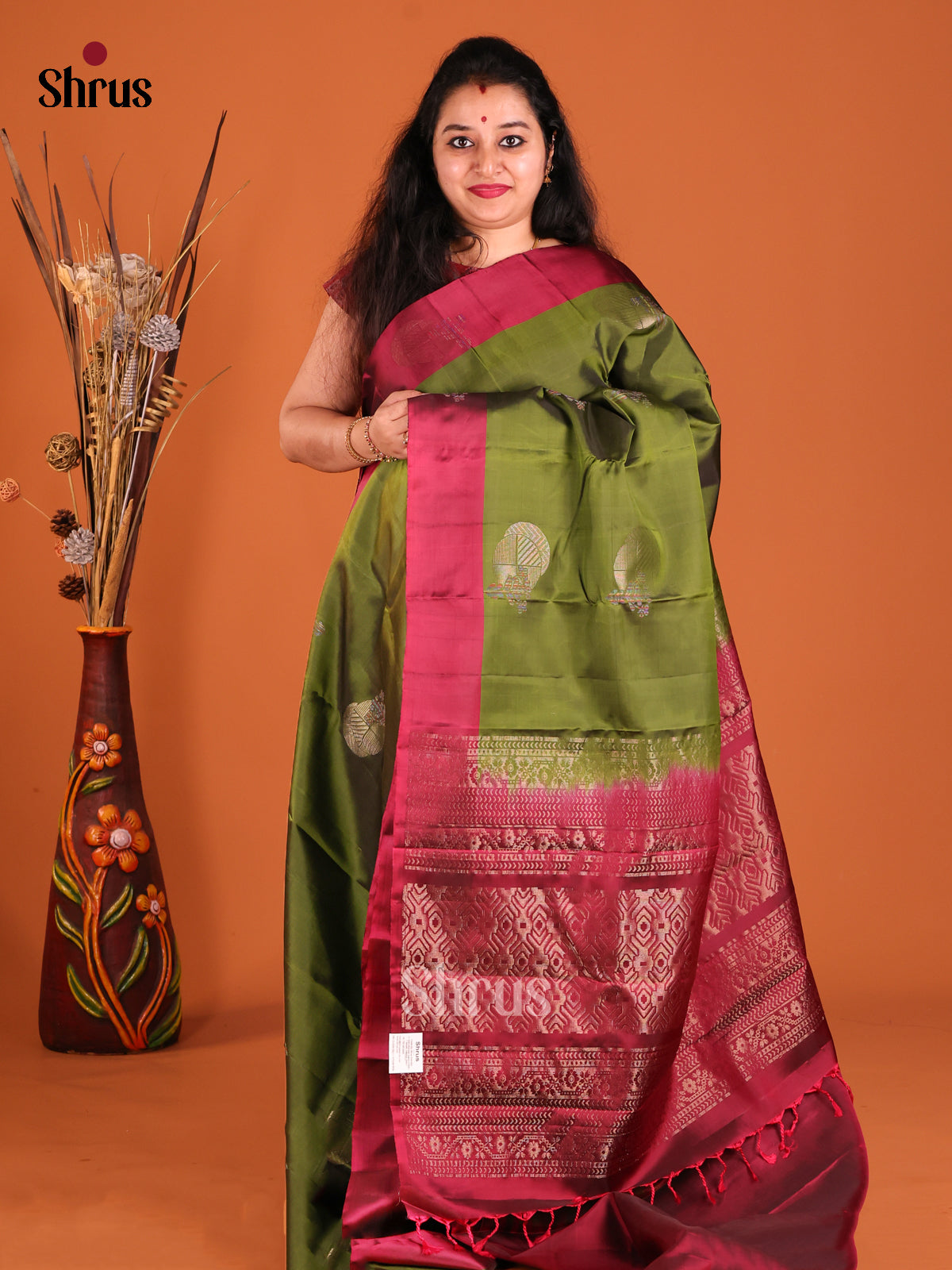 Green & Maroon Softsilk-halfpure Saree wth contrast brocade pallu