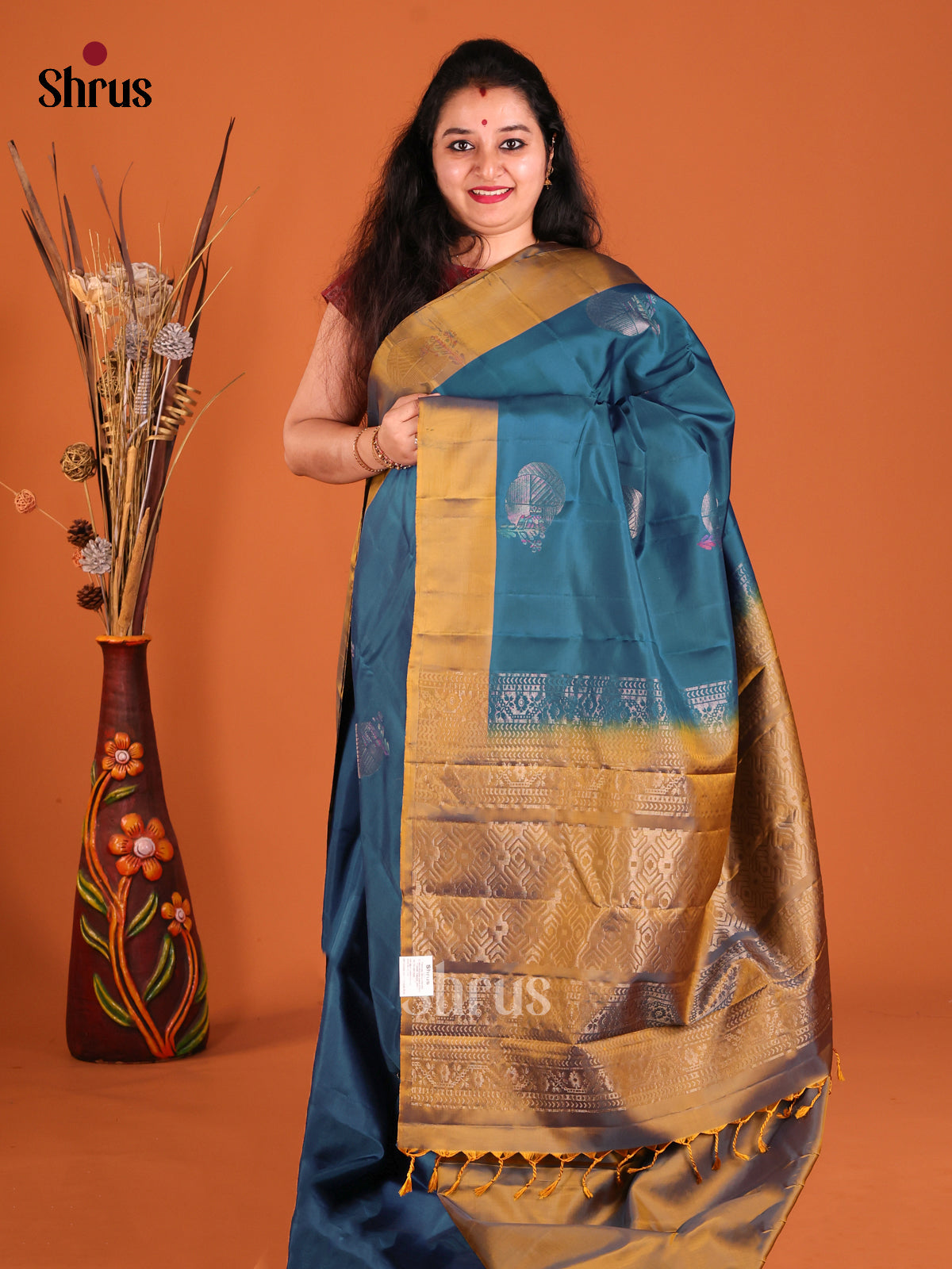 Blue & Mustard Softsilk-halfpure Saree with zari brocade pallu