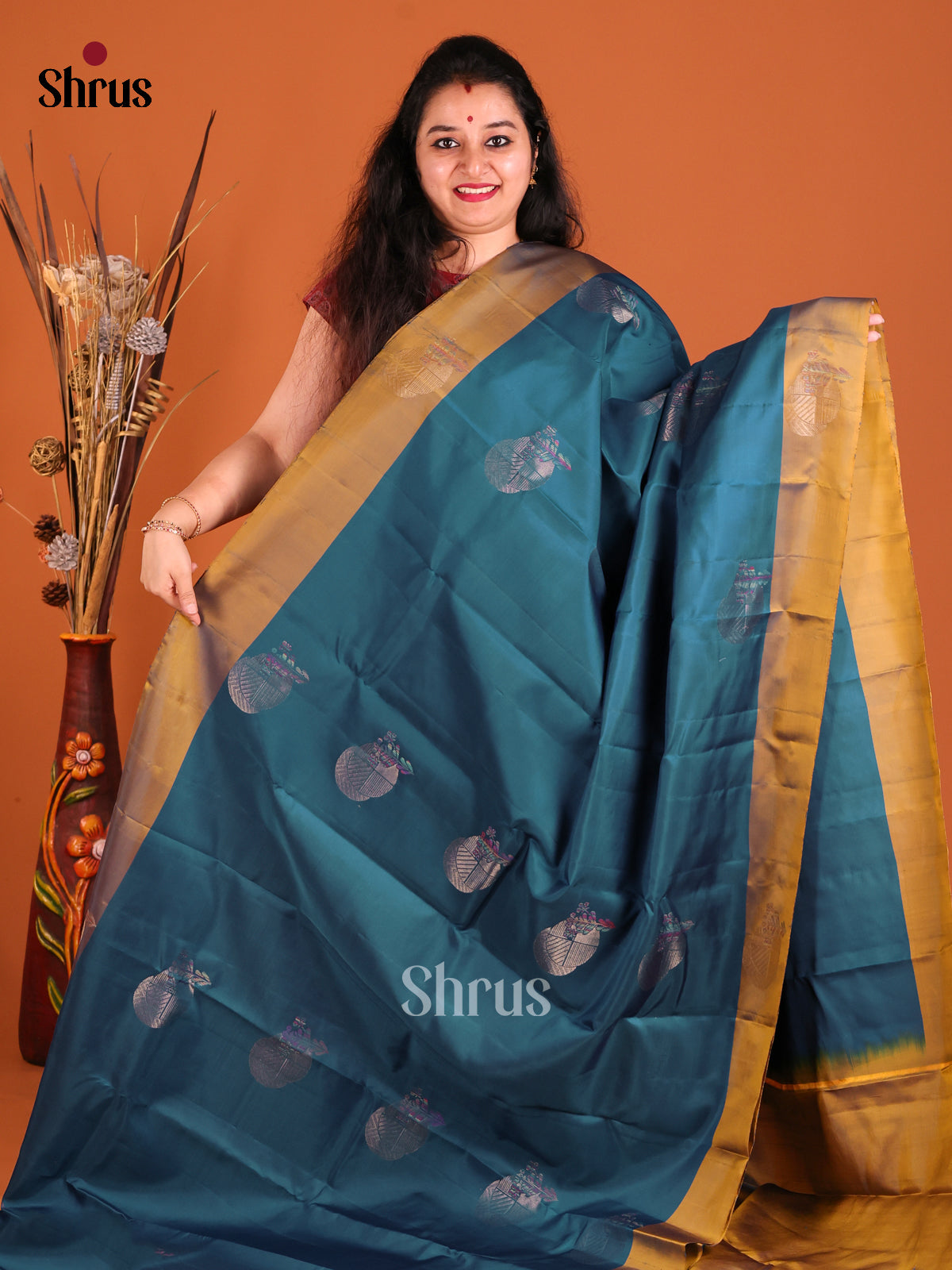 Blue & Mustard Softsilk-halfpure Saree with zari brocade pallu