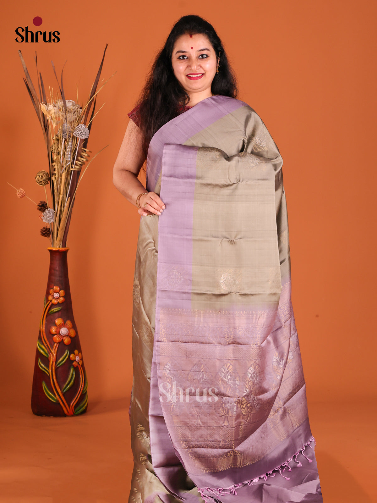 Grey & Lavender Softsilk-halfpure Saree with ari floral motifs - Shop on Shrus.com
