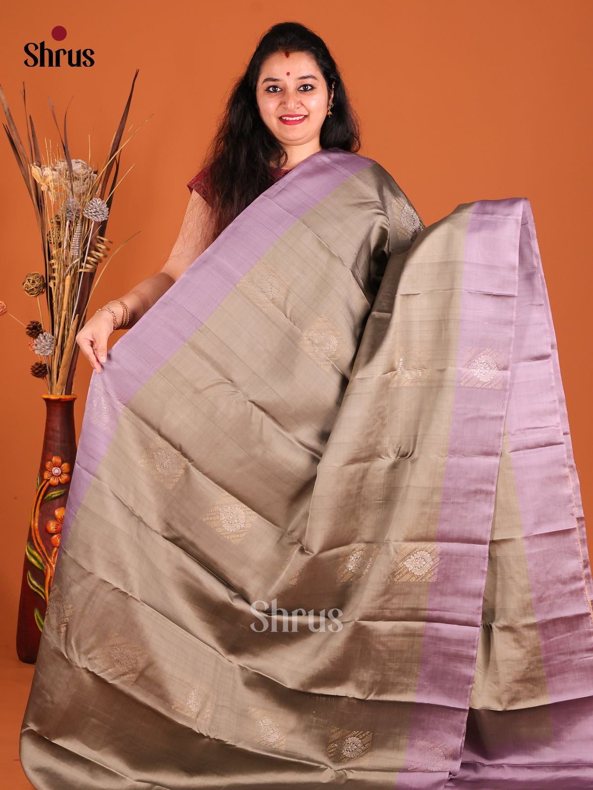 Grey & Lavender Softsilk-halfpure Saree with ari floral motifs - Shop on Shrus.com