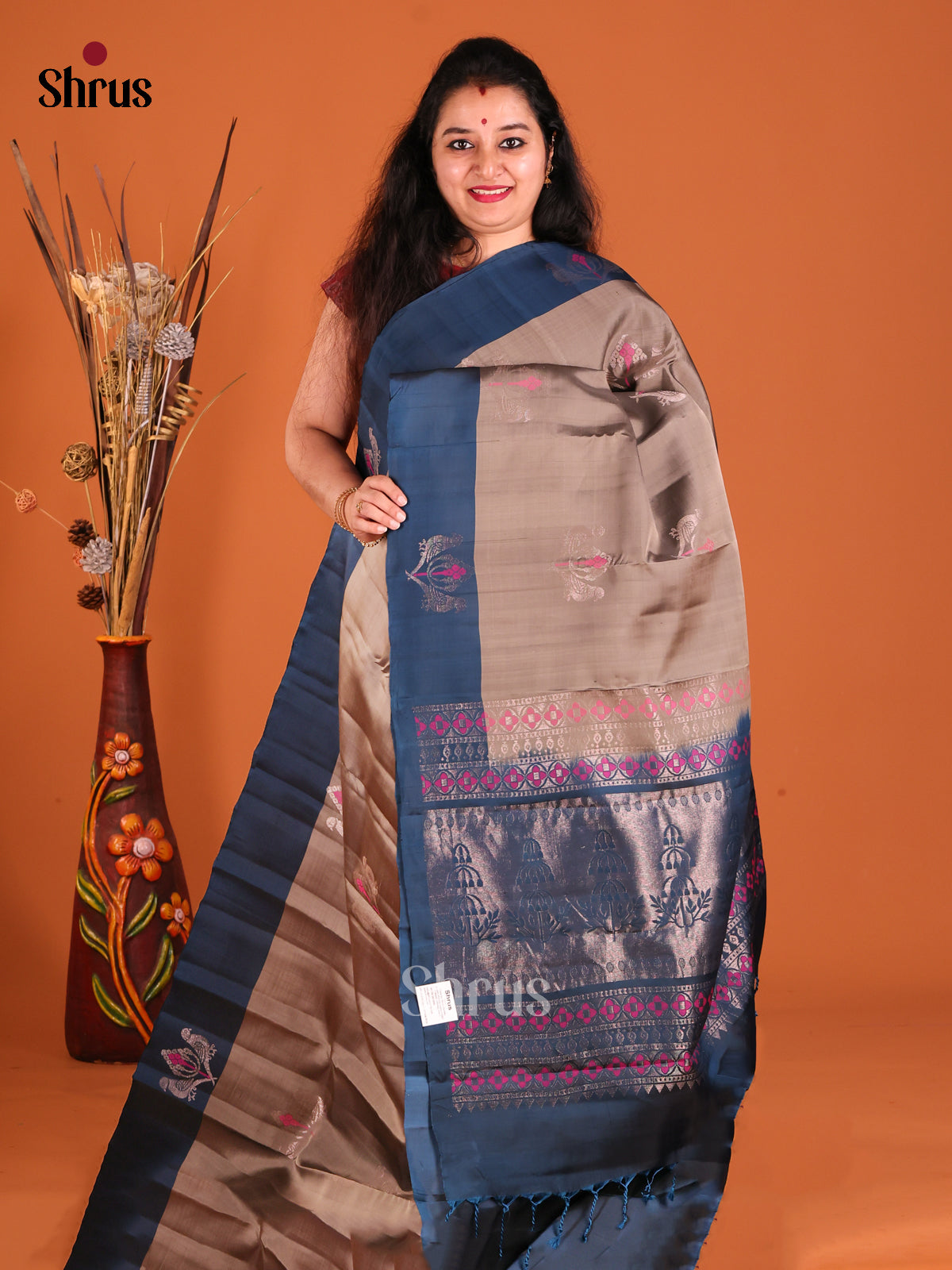 Grey & Blue Softsilk-halfpure Saree with zari birds buttas