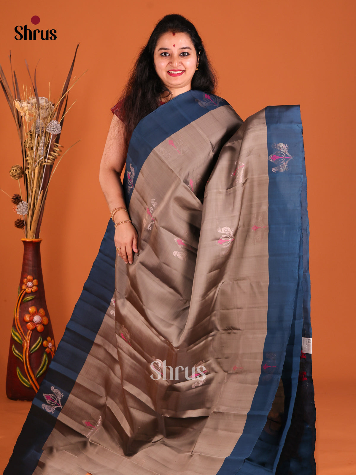 Grey & Blue Softsilk-halfpure Saree with zari birds buttas