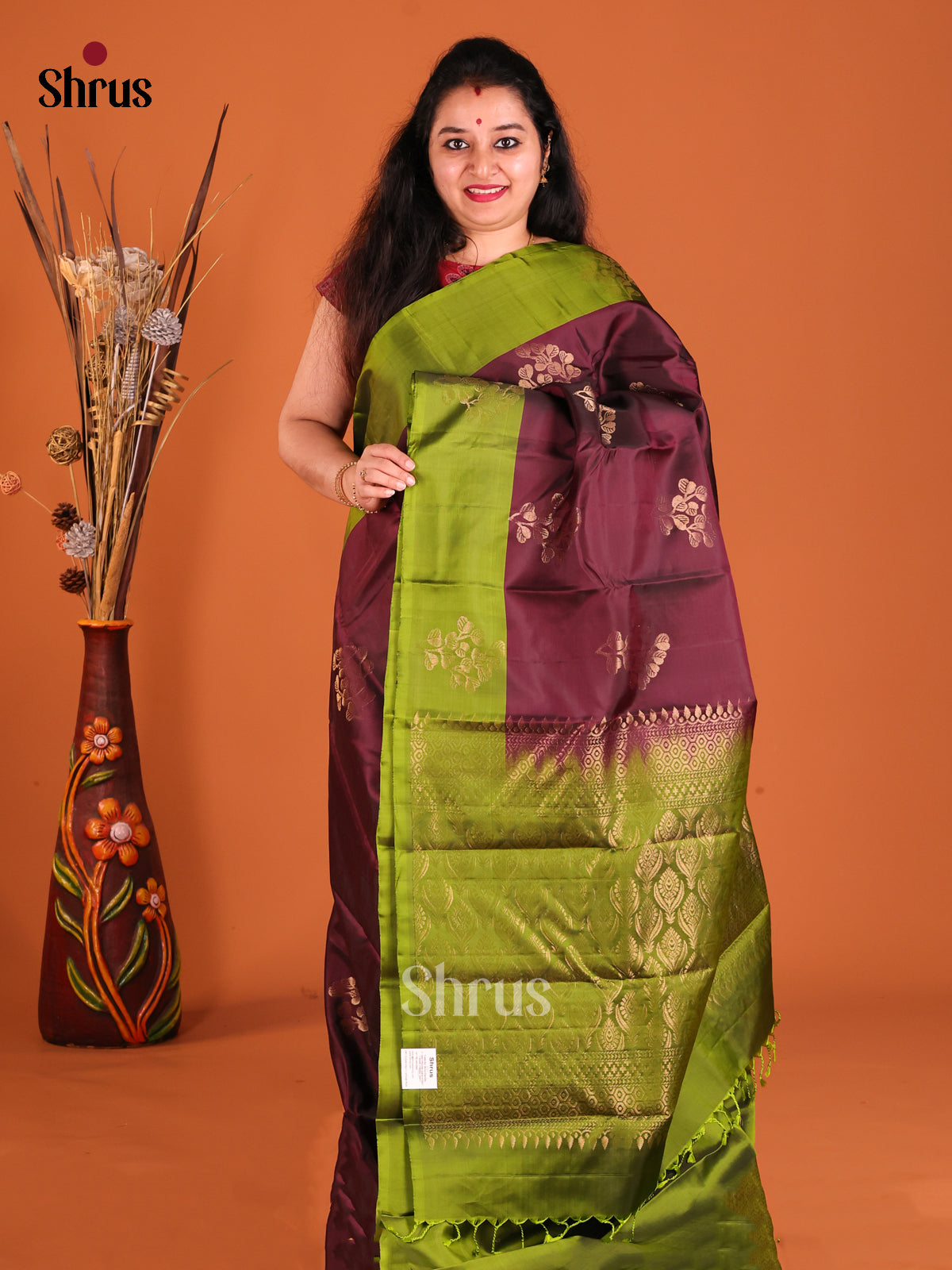 Brown & Green Softsilk-halfpure Saree with gold zari floral motifs