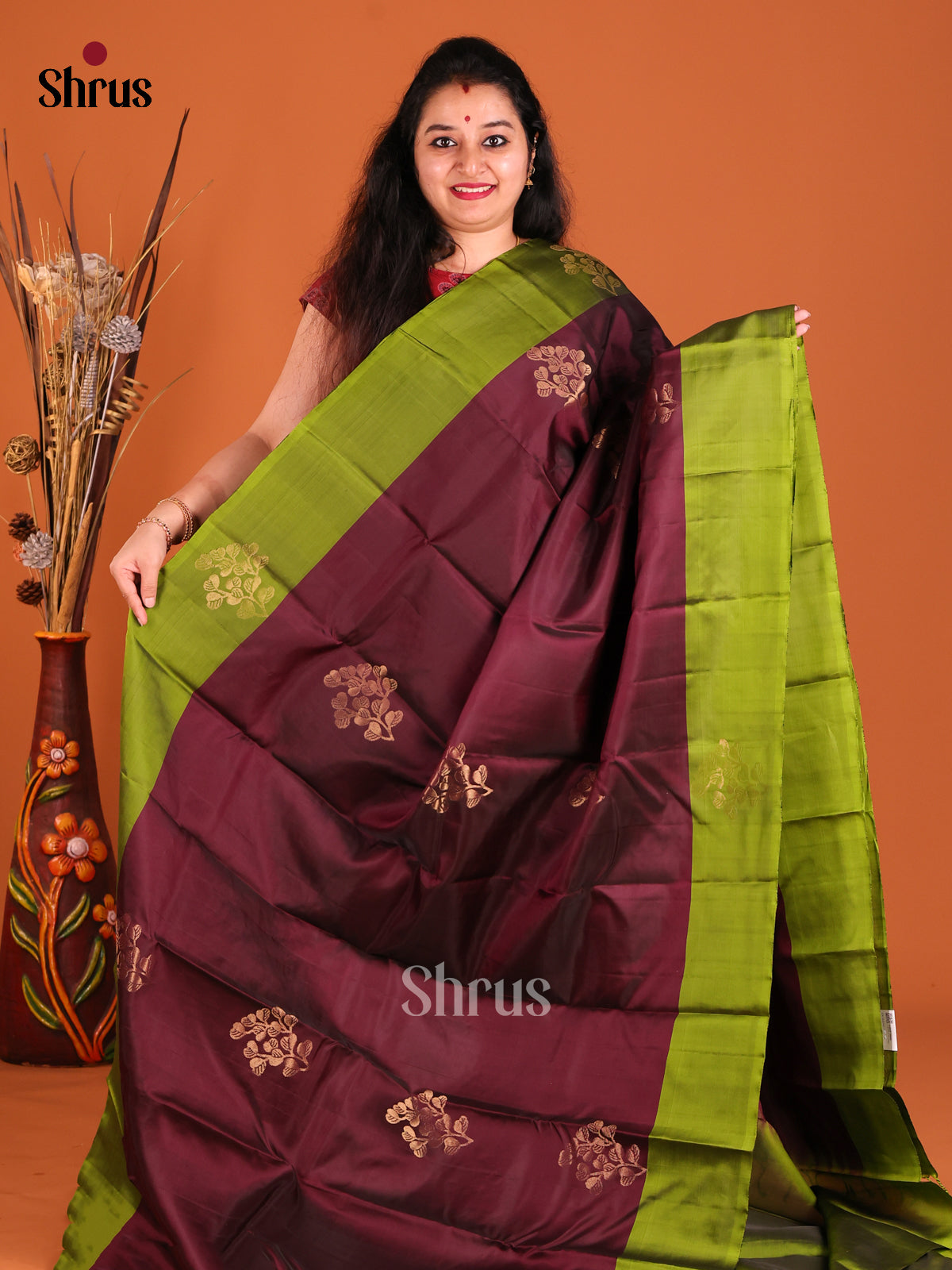 Brown & Green Softsilk-halfpure Saree with gold zari floral motifs