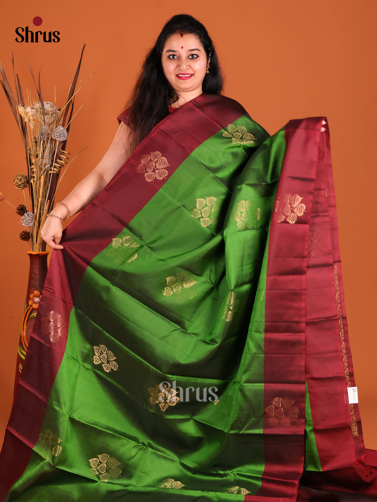 Green & Maroon Softsilk-halfpure Saree with gold zari floral motifs