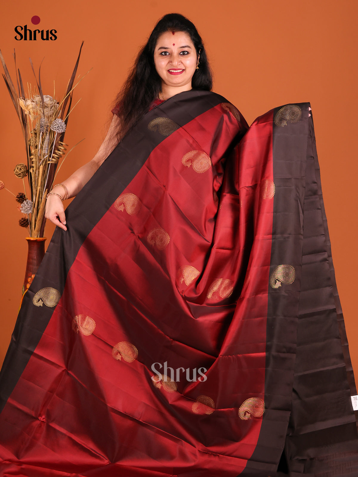 Maroon & Brown Softsilk-halfpure Saree with zari paisleys motifs