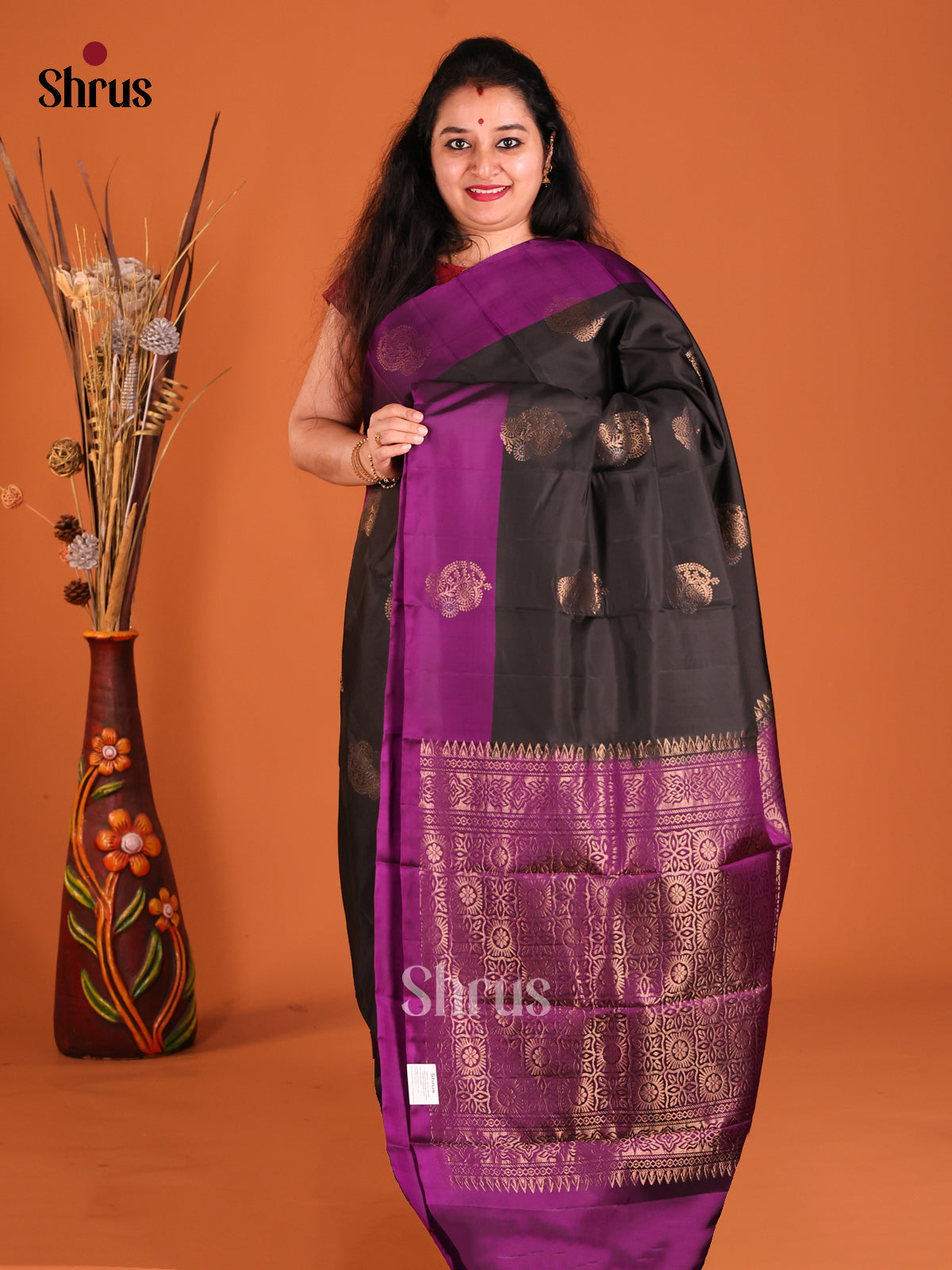 Black & Purple Softsilk-halfpure Saree with contrast zari brocade pallu