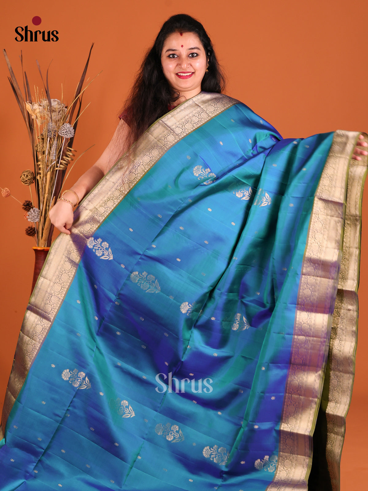 Blue & Purple Soft Silk Saree gleams witg gold zari buttas