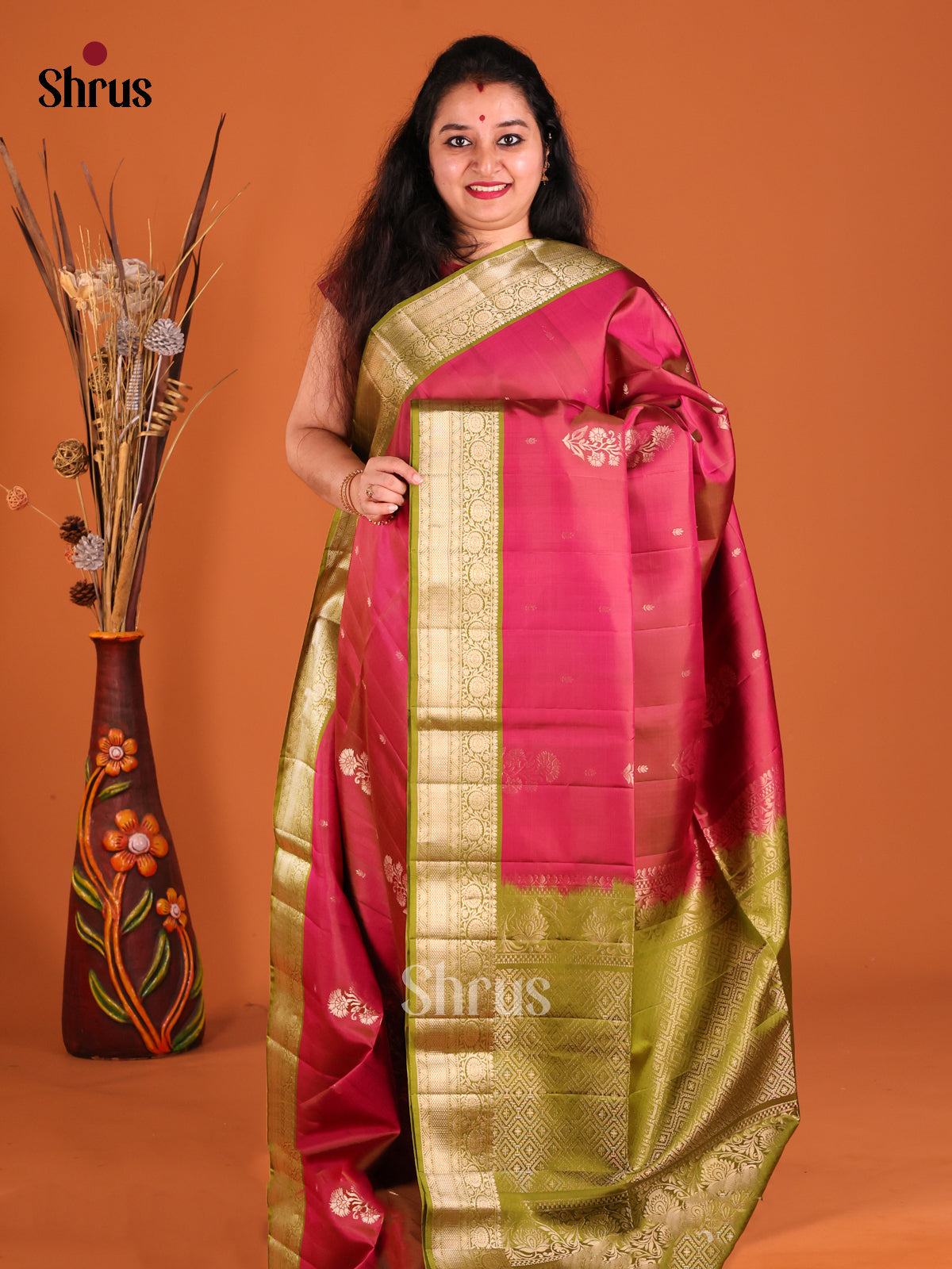 Maroon & Green Soft Silk Saree with gold zari floral buttas-1