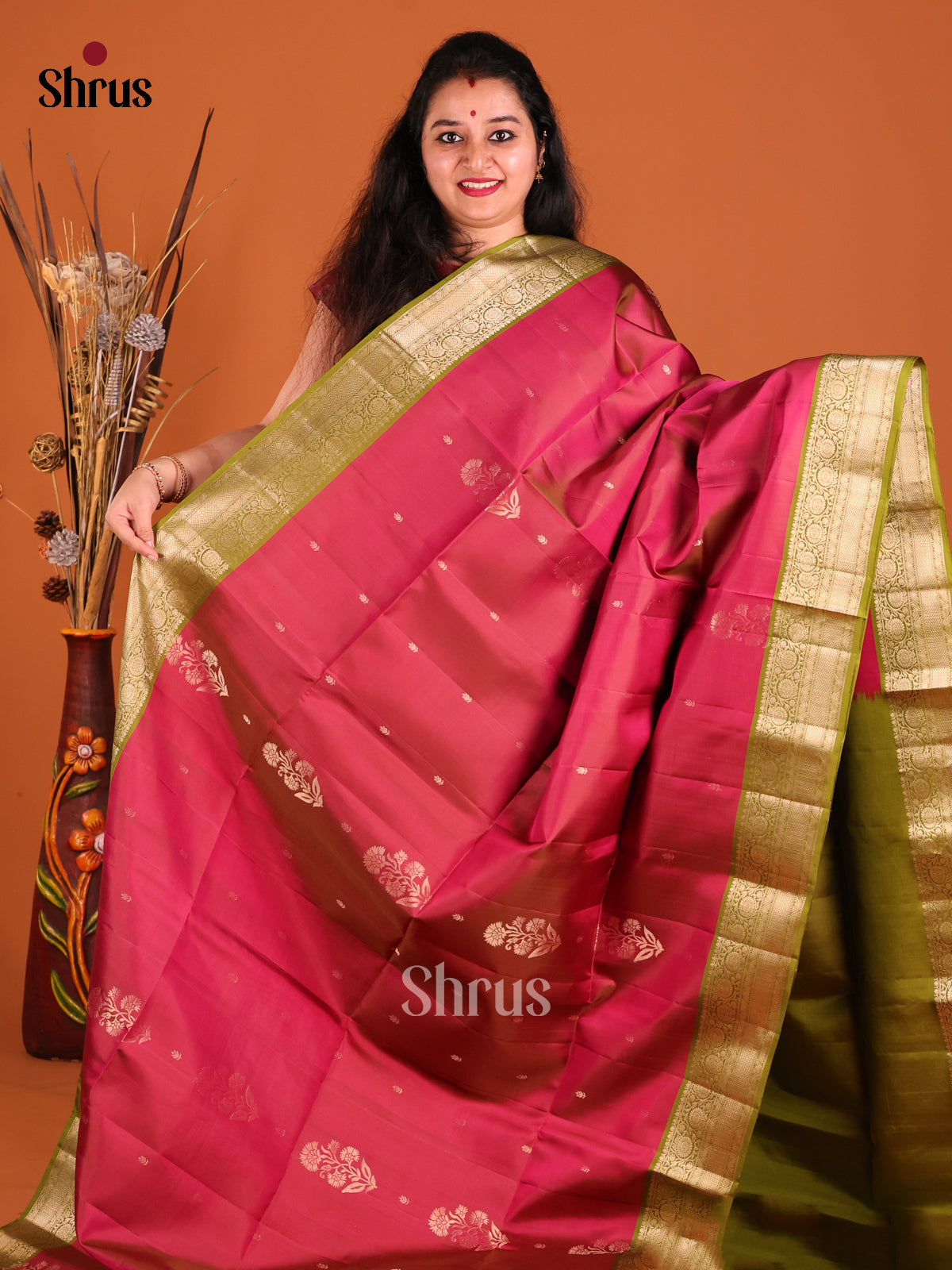 Maroon & Green Soft Silk Saree with gold zari floral buttas-2