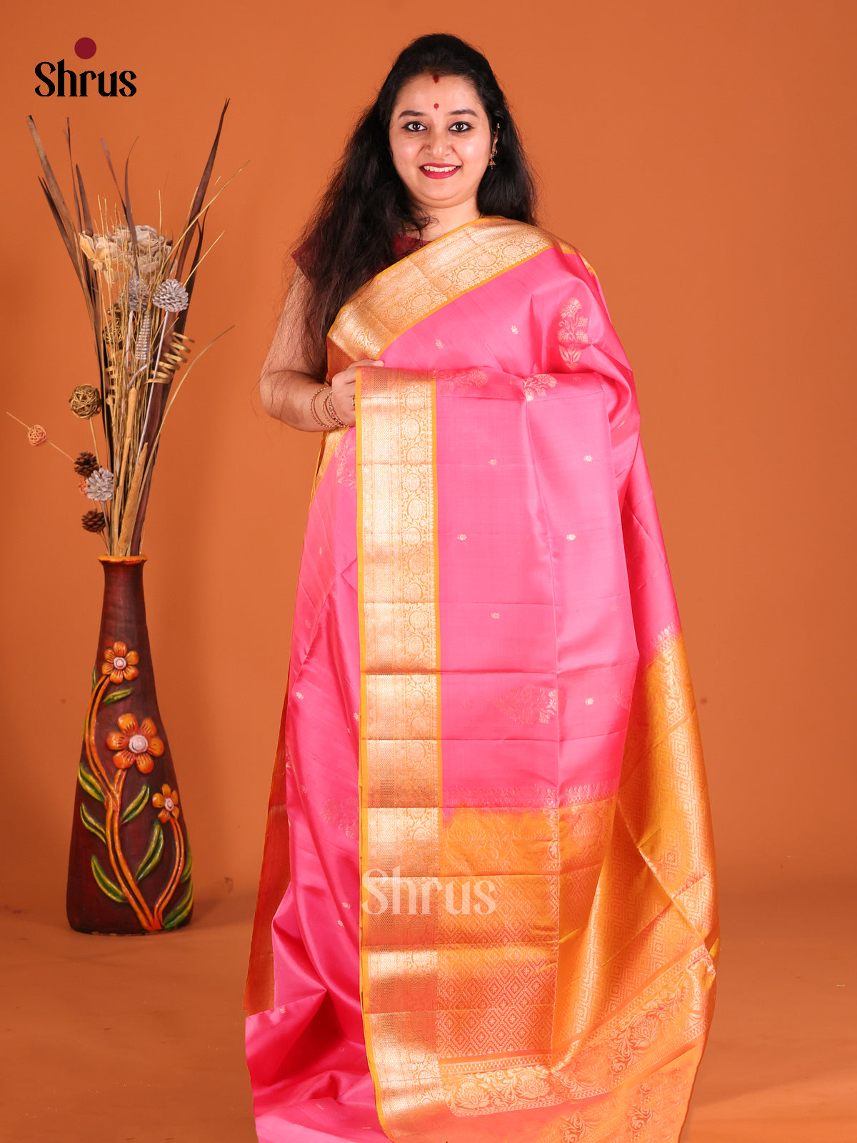 Pink & Orange Soft Silk Saree with contrast floral vines zari border-1