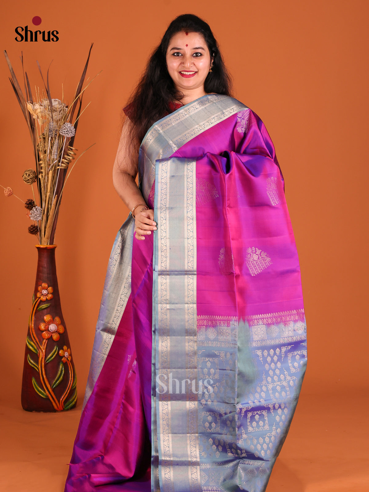 Purple & Blue Soft Silk Saree with gold zari floral motifs-1