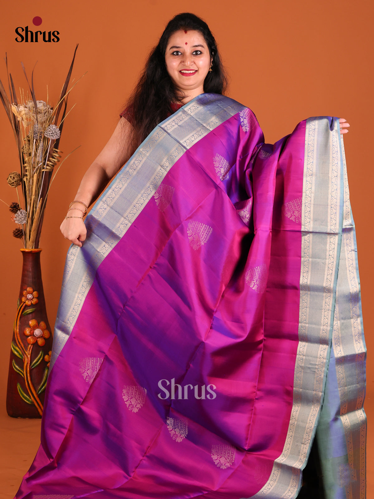 Purple & Blue Soft Silk Saree with gold zari floral motifs-2