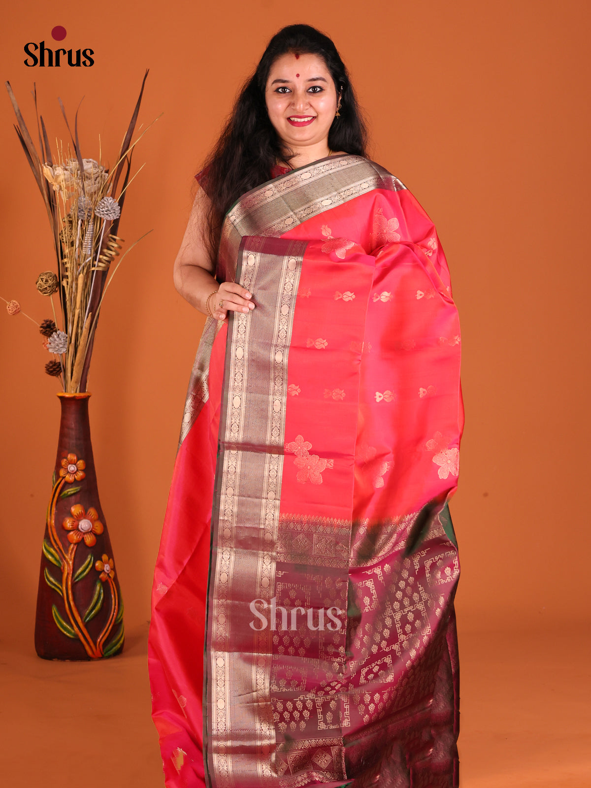 Orangish Pink & Maroon Soft Silk Saree gleams with gold zari floral buttas-1