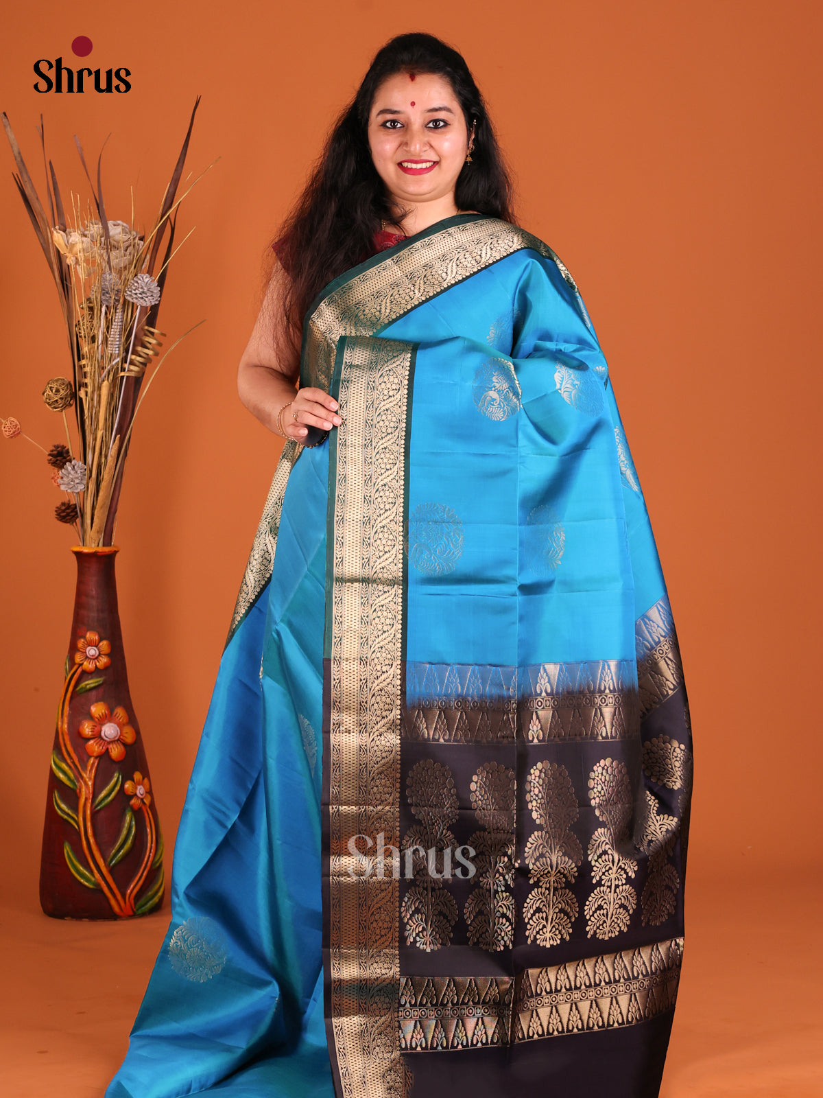 Blue & Navy Blue Soft Silk Saree gleams with gold zari floral motifs-1