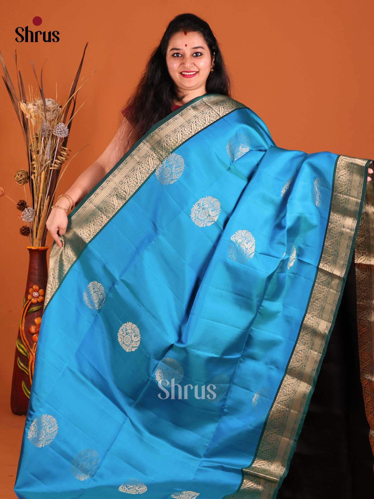 Blue & Navy Blue Soft Silk Saree gleams with gold zari floral motifs-2