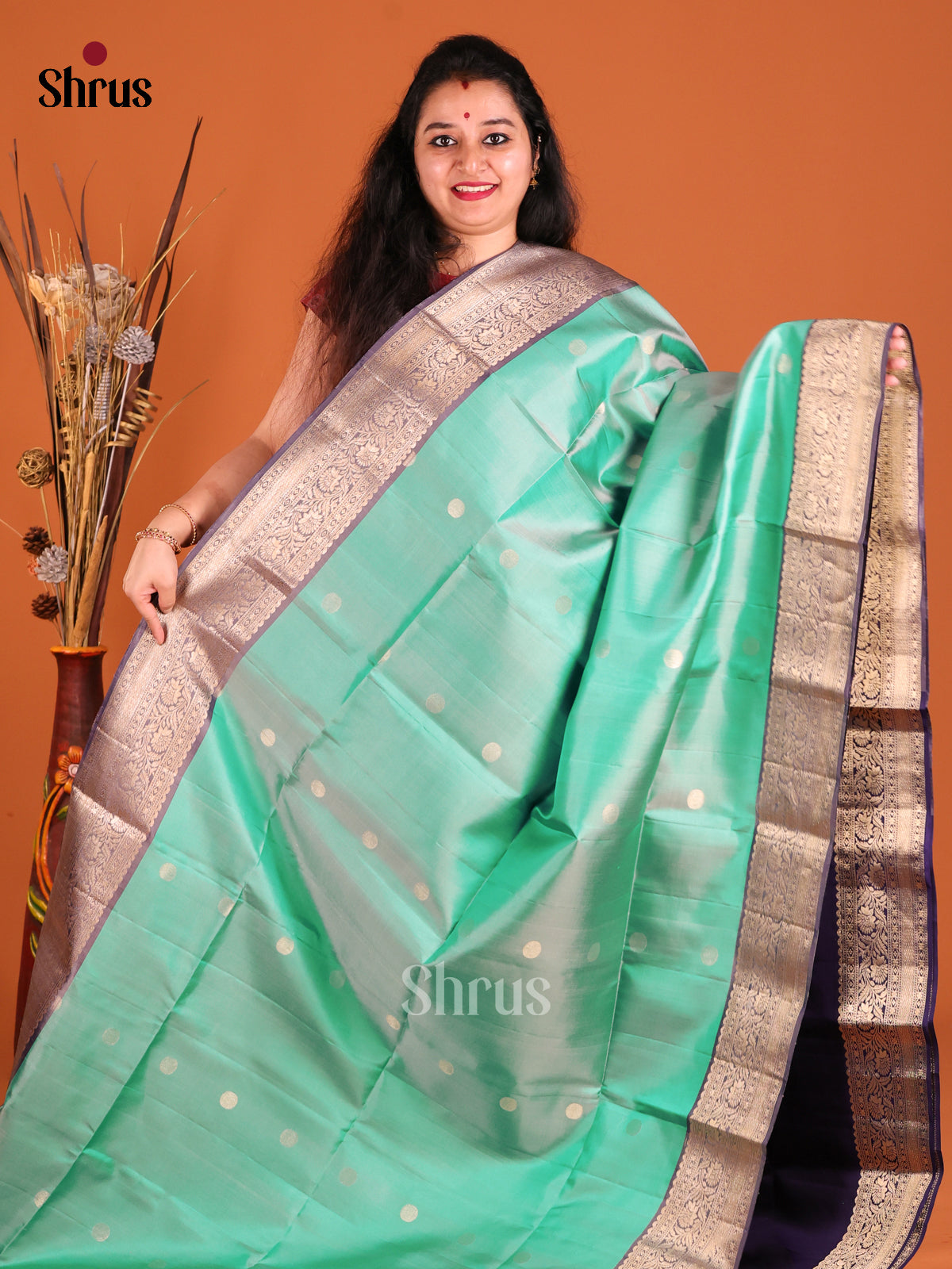 Teal & Blue Soft Silk Saree with rich floral vines zari border-2