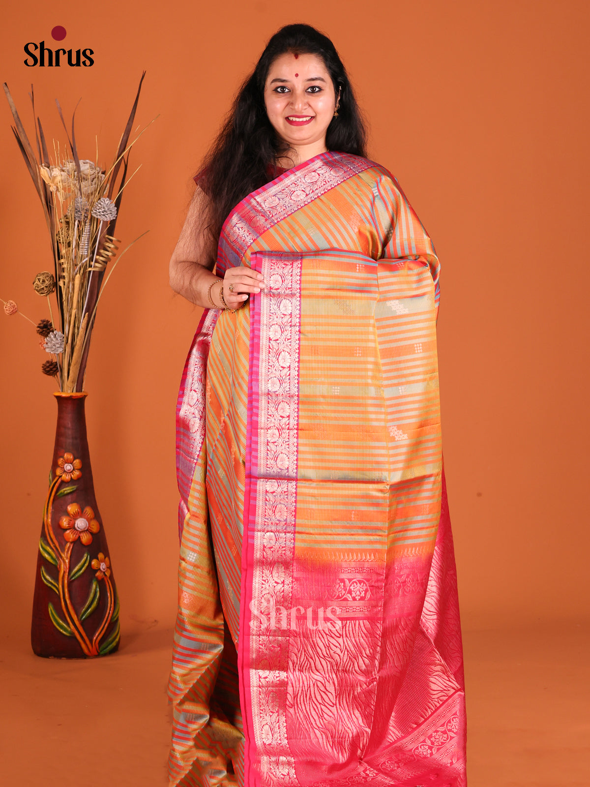 Radiant Orange Soft Silk Saree with stripes pattern-1
