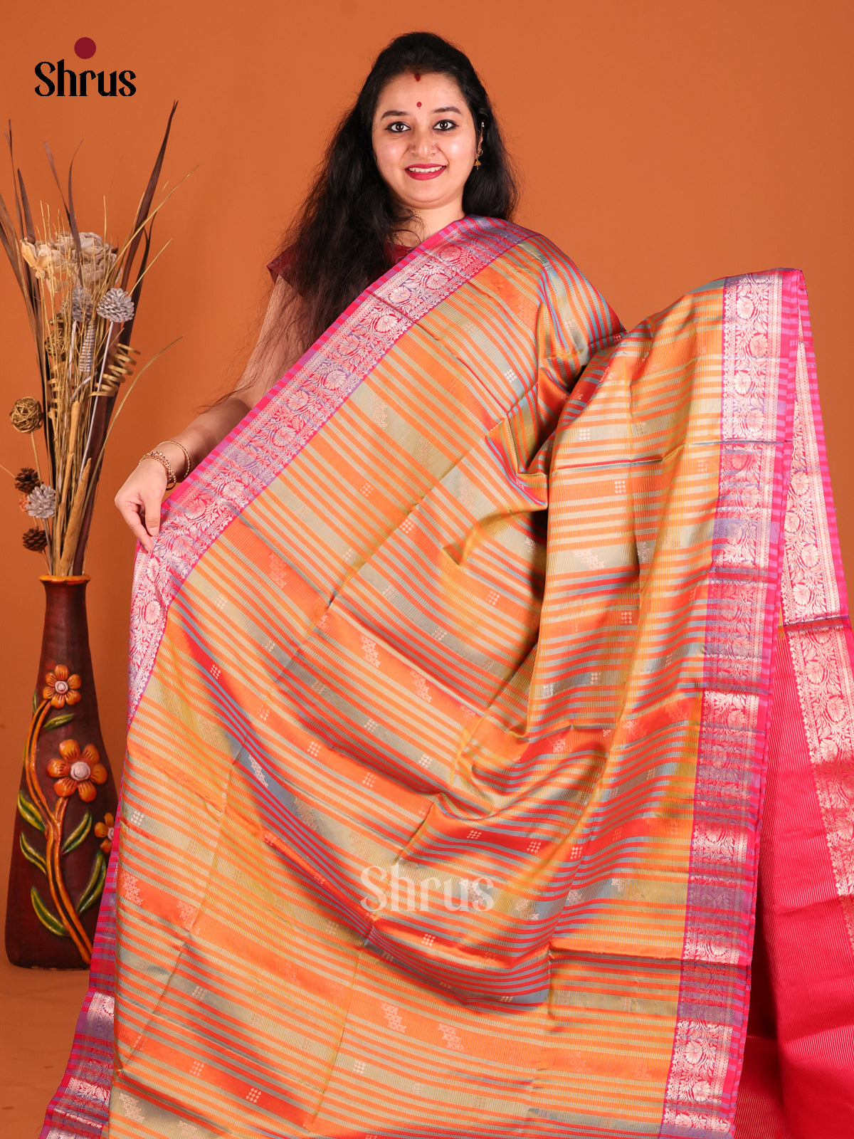 Radiant Orange Soft Silk Saree with stripes pattern-2