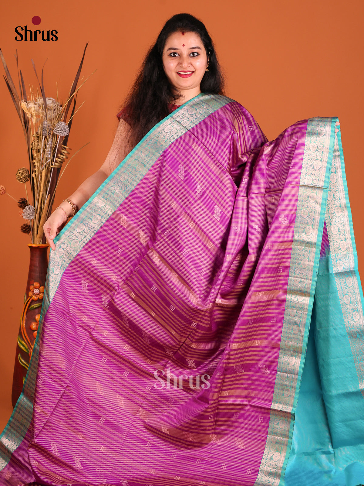 Enchanting Purple Soft Silk Saree gleams with zari stripes, buttas-2