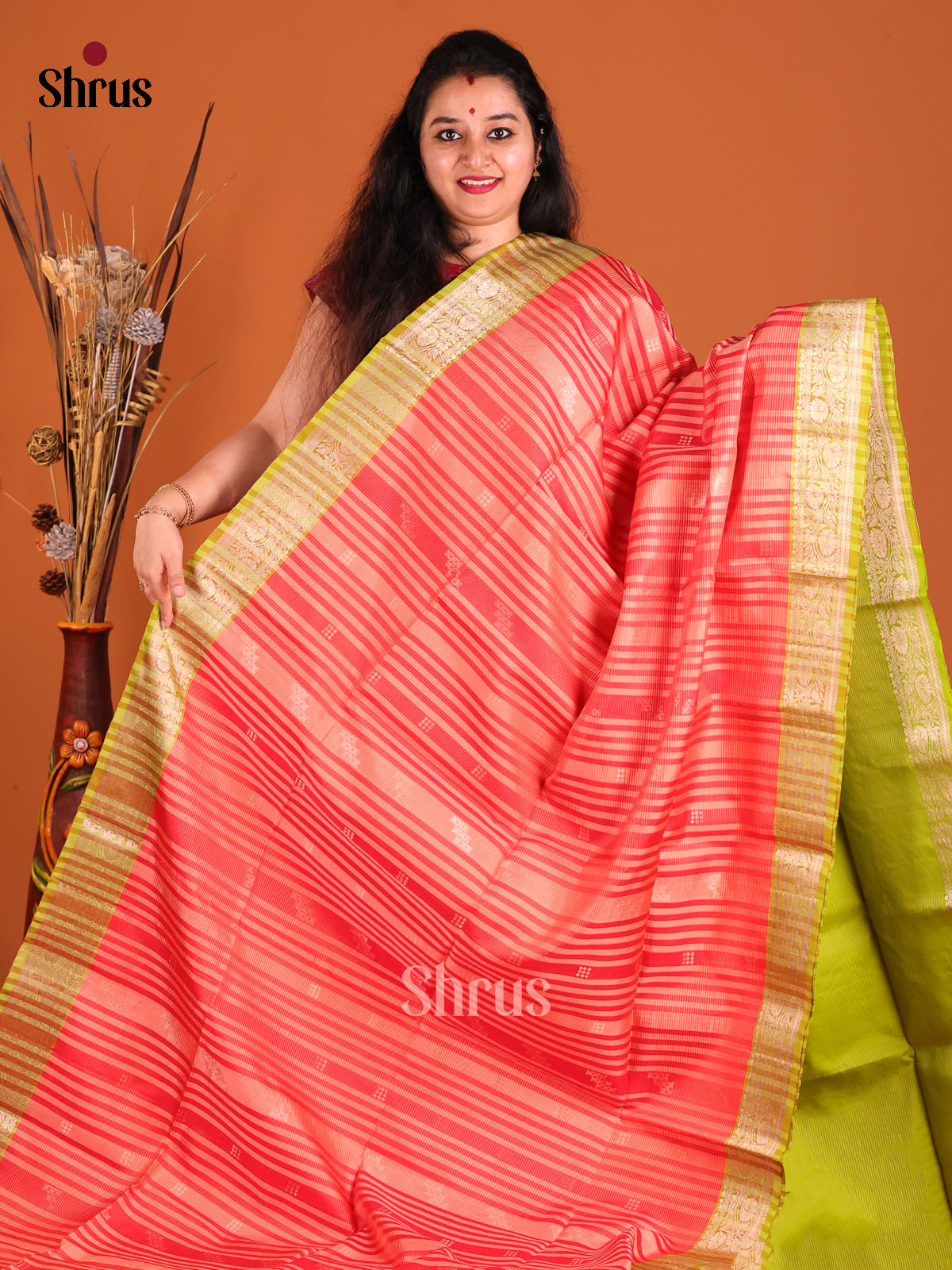 Stunning Reddish Pink Soft Silk Saree with stripes pattern , contrast Border