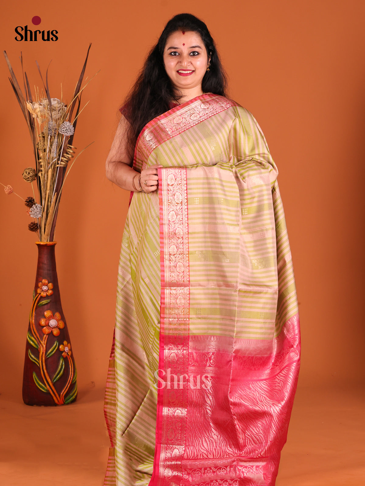 Elegant Green & Red Soft Silk Saree with stripes pattern , zari floral vines border-1