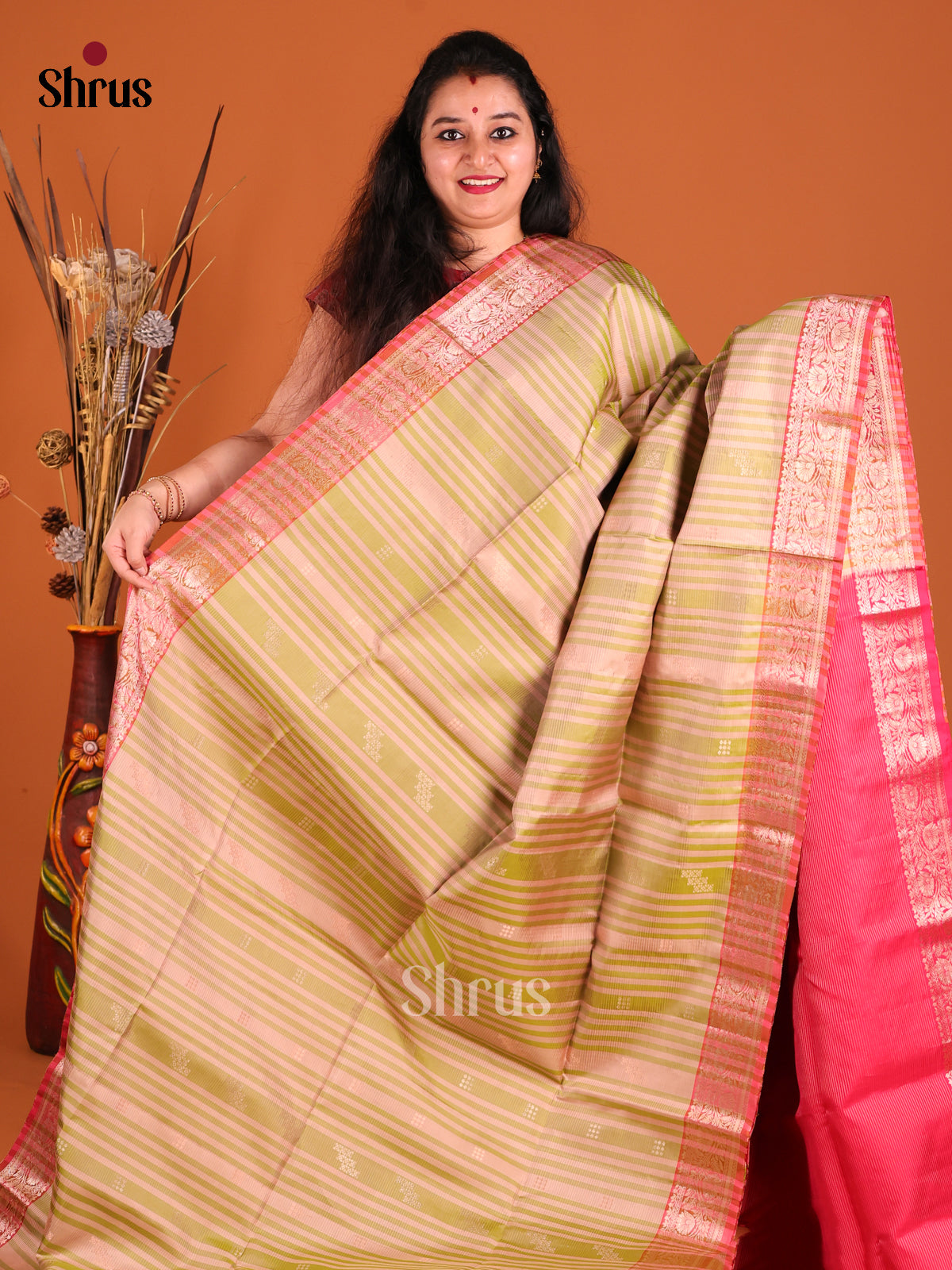 Elegant Green & Red Soft Silk Saree with stripes pattern , zari floral vines border-2