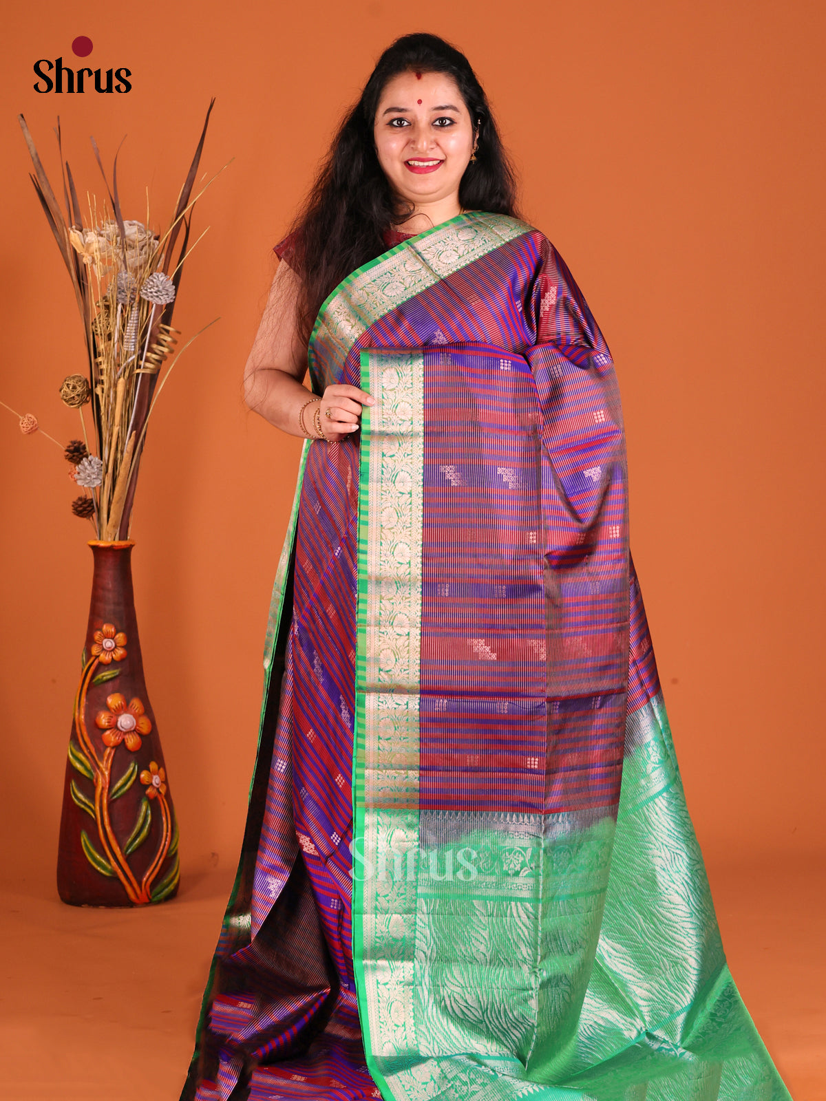 Blue & Green Soft Silk Saree with stripes pattern , contrast Zari border-1