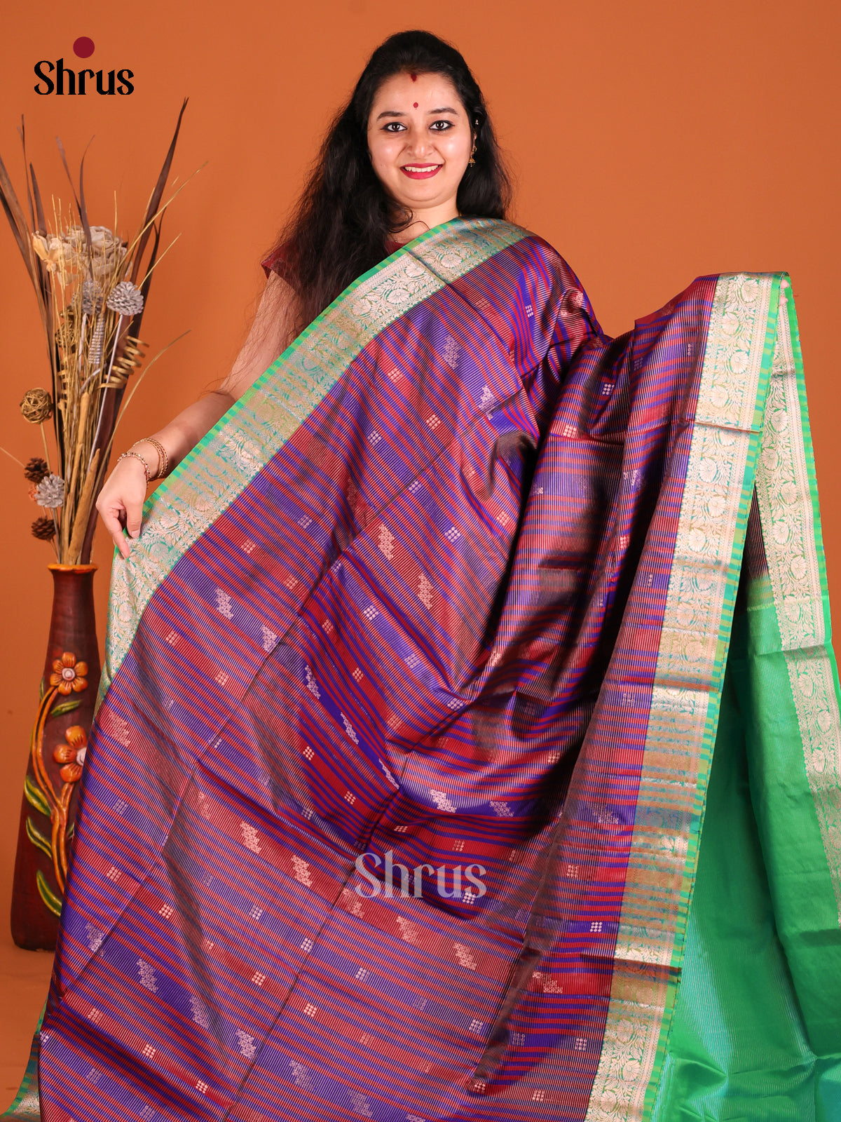 Blue & Green Soft Silk Saree with stripes pattern , contrast Zari border-2
