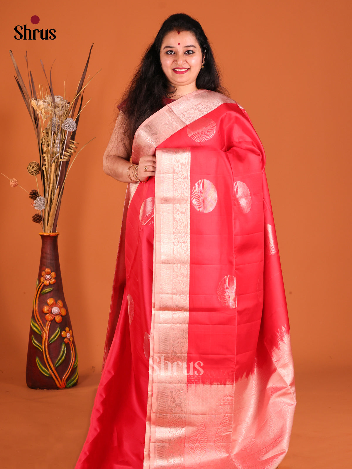 Enchanting Red & Pink Soft Silk Saree with zari round motifs-1