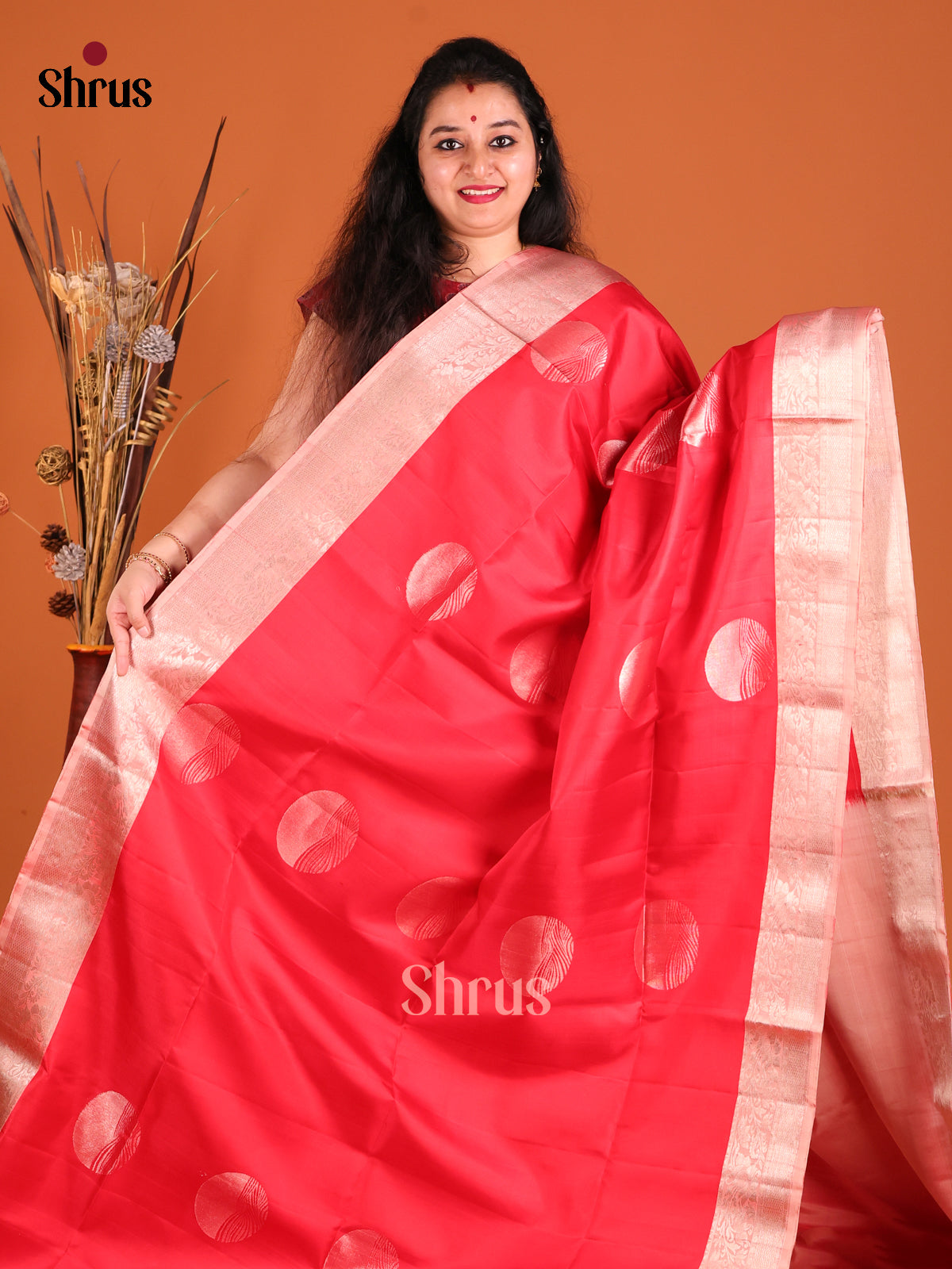 Enchanting Red & Pink Soft Silk Saree with zari round motifs-2